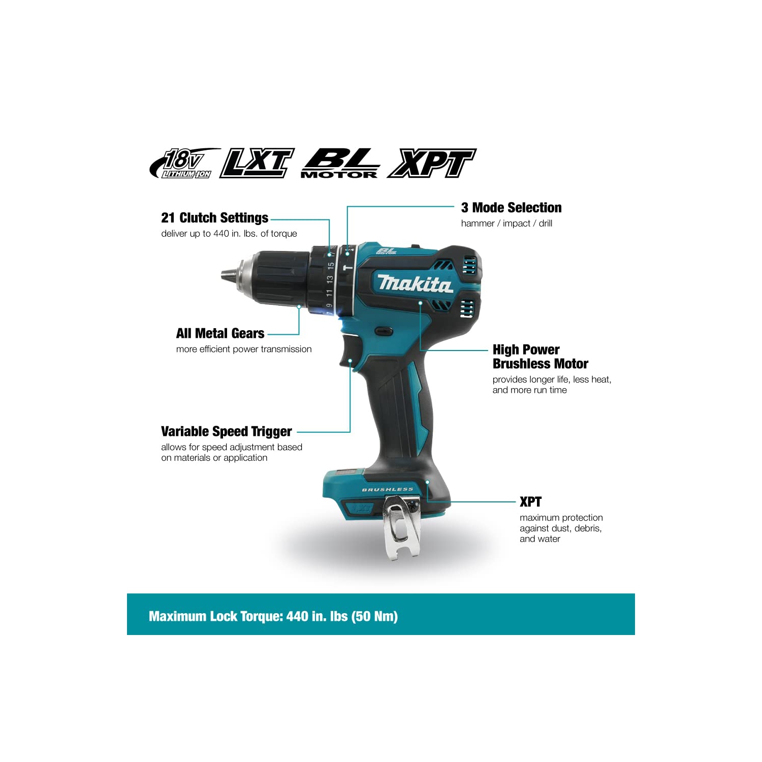 Perceuse à percussion sans balai sans fil DHP485Z 18&nbsp;V LXT 1/2 po variable 2 vitesses avec XPT de Makita