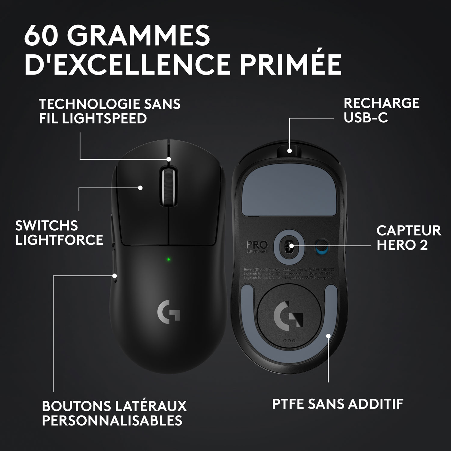 Souris de jeu sans fil à capteur HERO 2 calibre professionnel 60 g de 44 000 ppp taux d'interrogation 8 kHz G PRO X Superlight 2 de Logitech - Noir