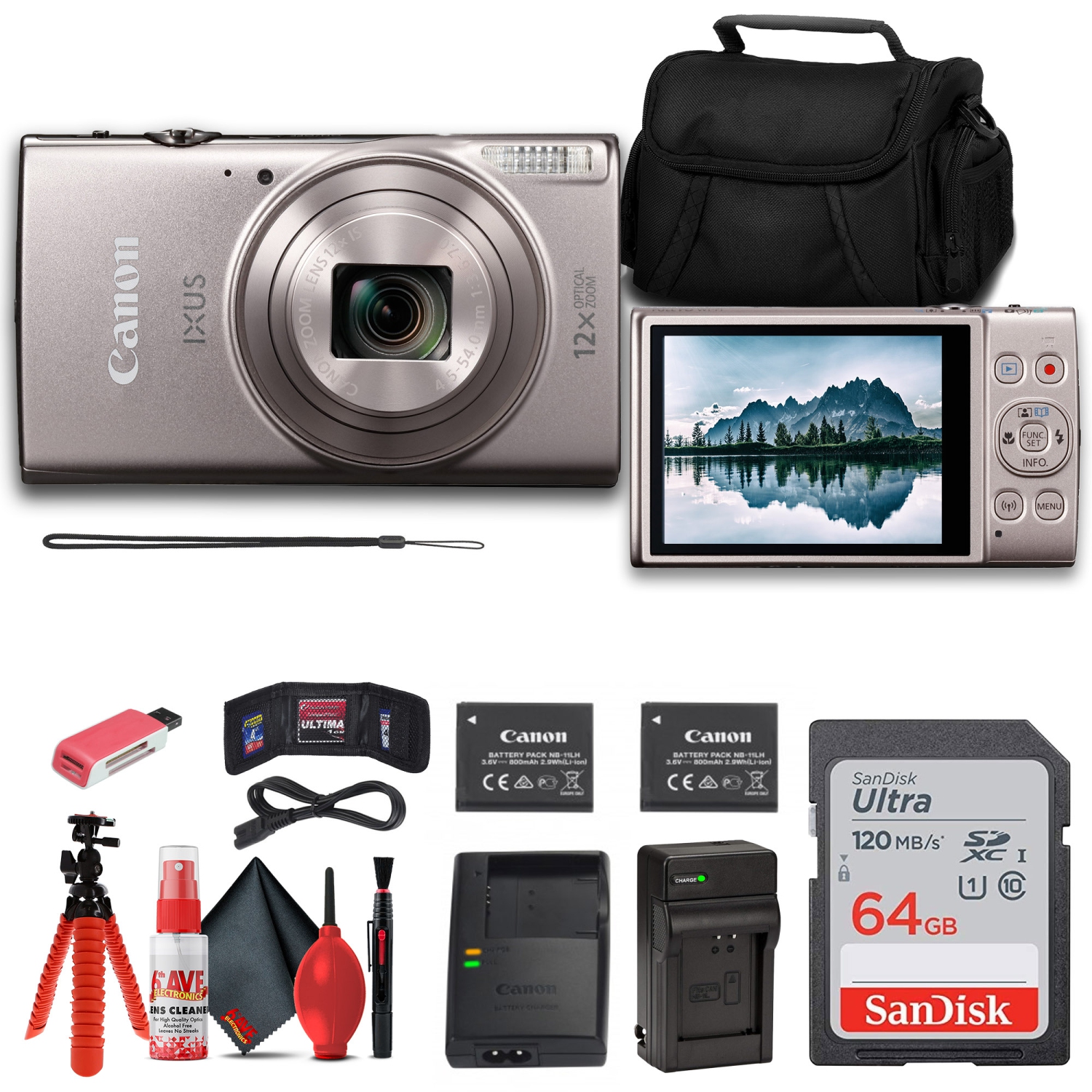 Canon PowerShot IXUS 285 HS Digital Camera (Silver) + NB11L Battery + More