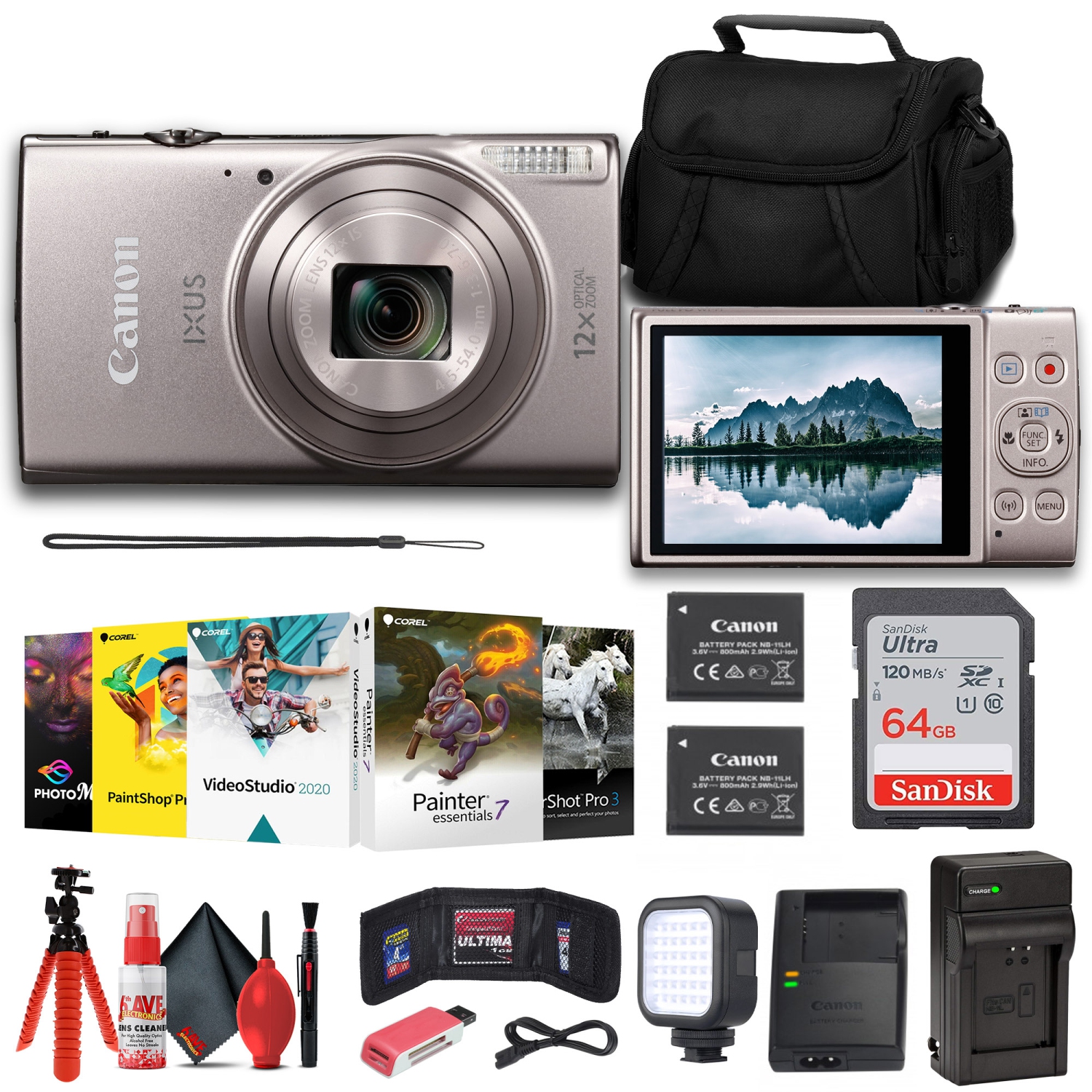 Canon PowerShot IXUS 285 HS 12X Optical Zoom Digital Camera (1079C001) + NB11L Battery + 64GB Memory Card + Corel Photo Software + Case + Charger +