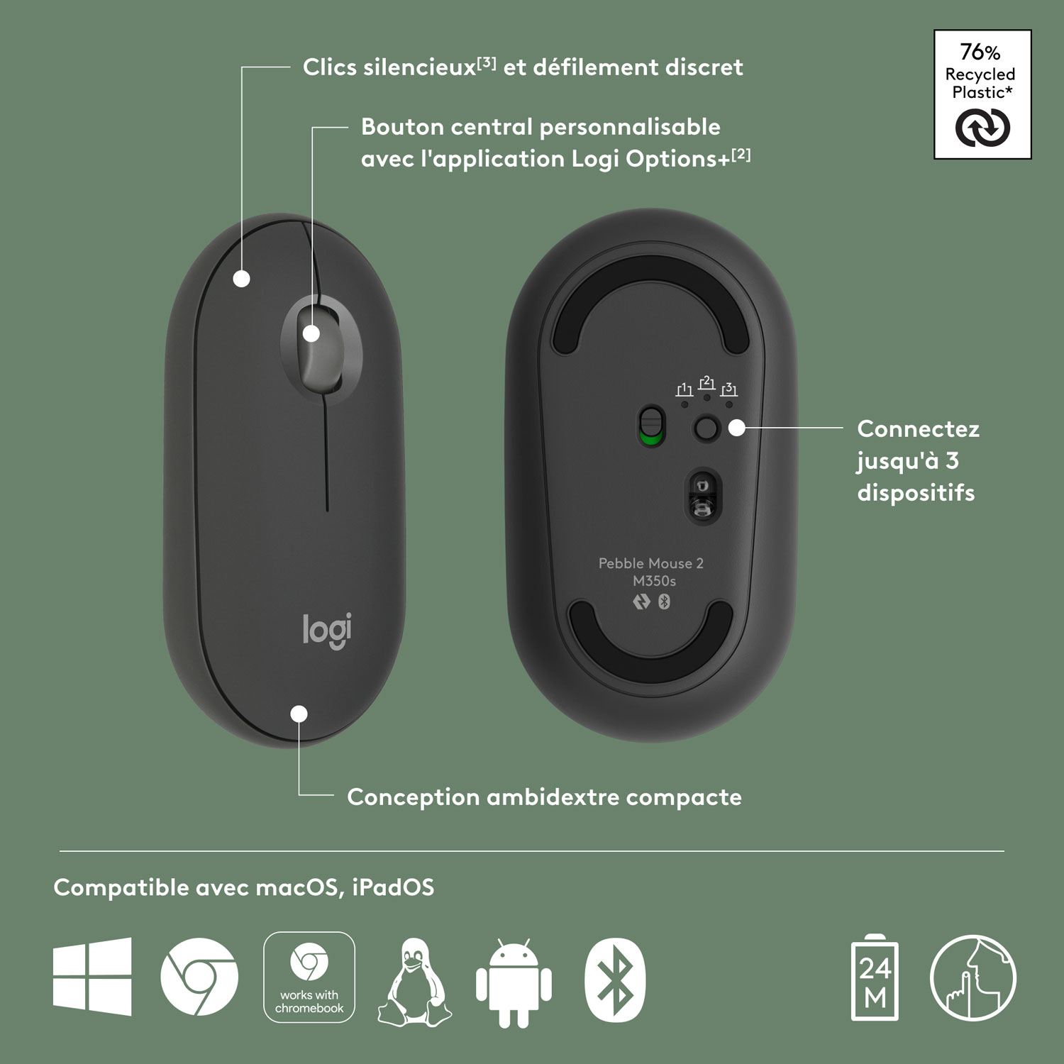 Souris optique Bluetooth de 4000 ppp Pebble 2 M350s de Logitech - Graphite tonal