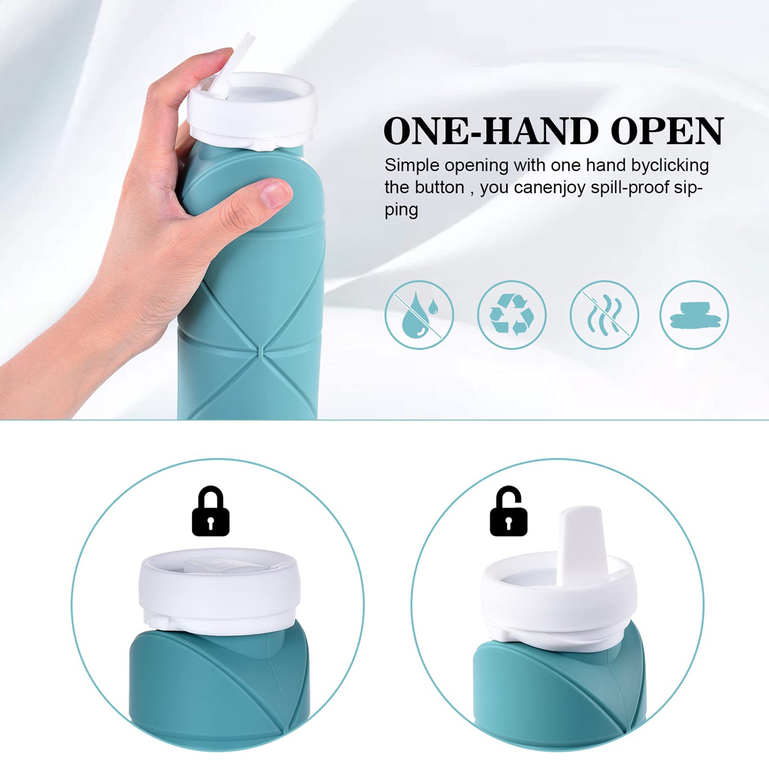 Bouteille d'eau pliable valve étanche réutilisable silicone sans BPA bouteille d'eau pliable pour gym Camping randonnée sport léger 20 oz durable