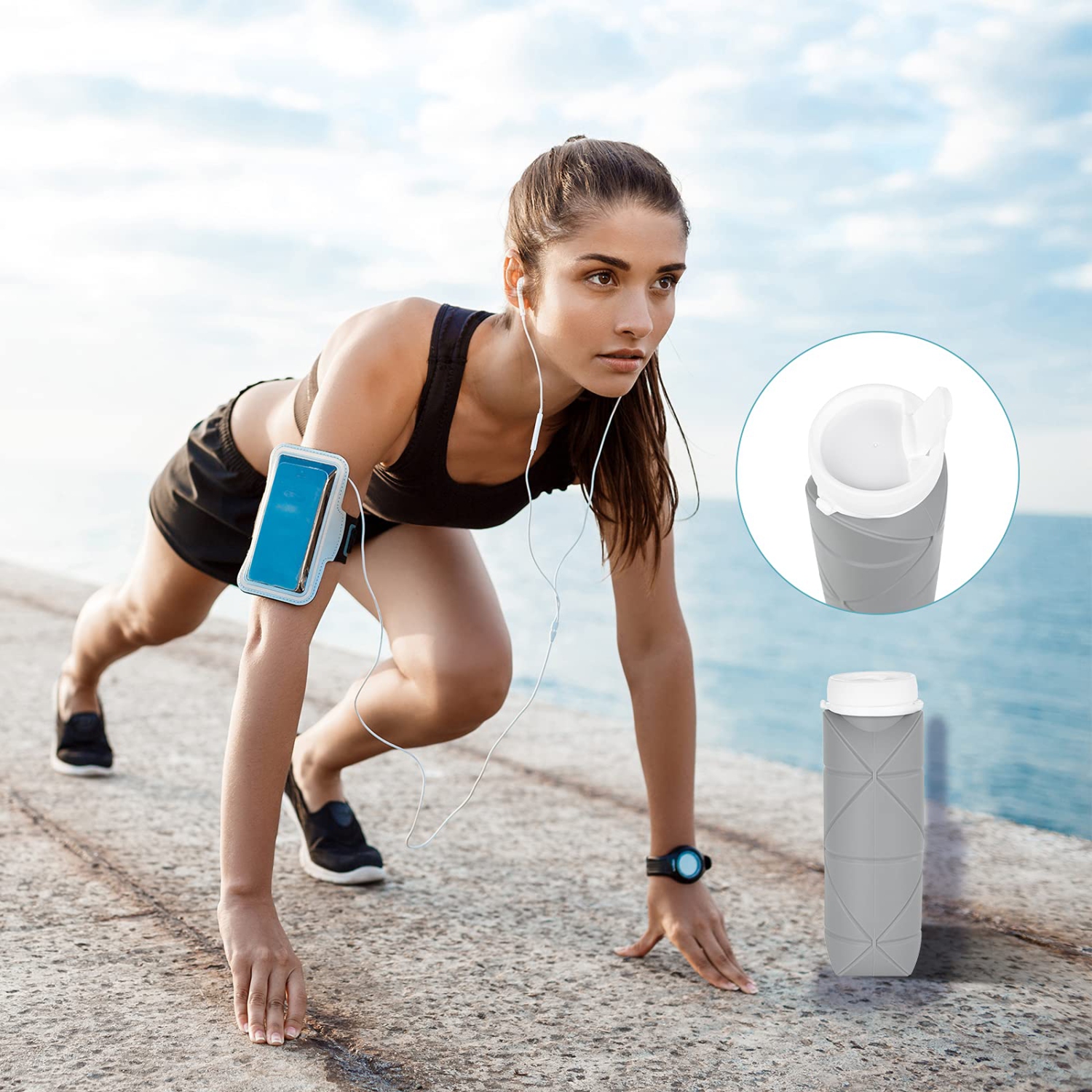 Bouteille d'eau pliable valve étanche réutilisable silicone sans BPA bouteille d'eau pliable pour gym Camping randonnée sport léger 20 oz durable