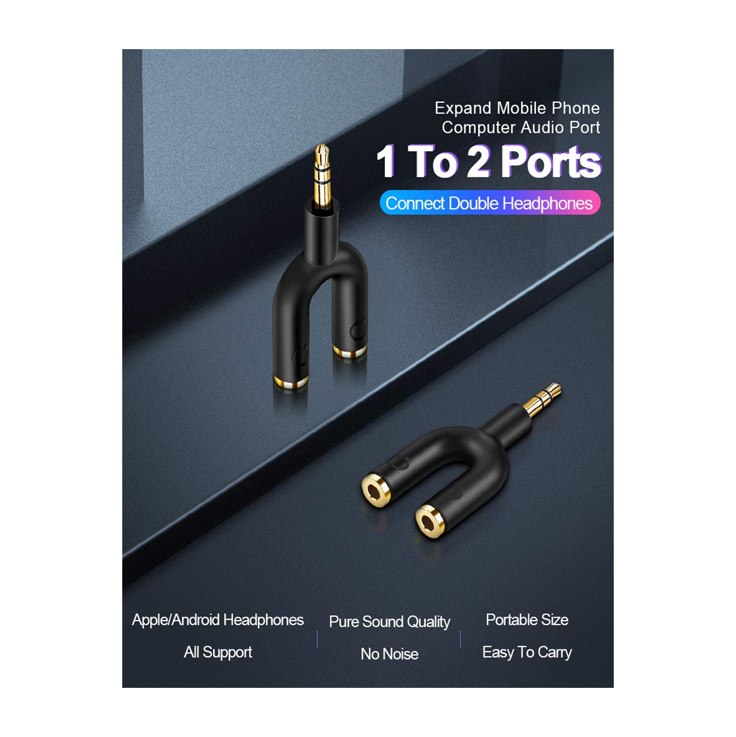 Headphone Splitter, 3.5mm Aux Stereo Y Jack Splitter U Shape Male to 2 Female, Compatible with Headphone, Smartphone, Suitable for iPod, Tablets, MP3