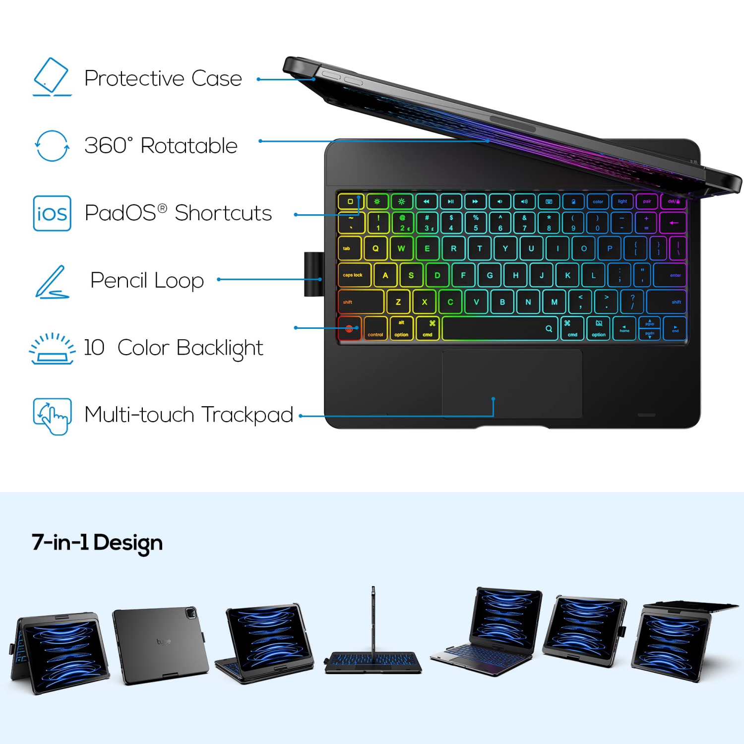 Touch iPad Pro 11 inch Case with Keyboard - Multi-Touch Trackpad & 10 Colors Backlight & 360° Rotatable - Thin & Light for iPad Pro 11 & iPad Air 5th