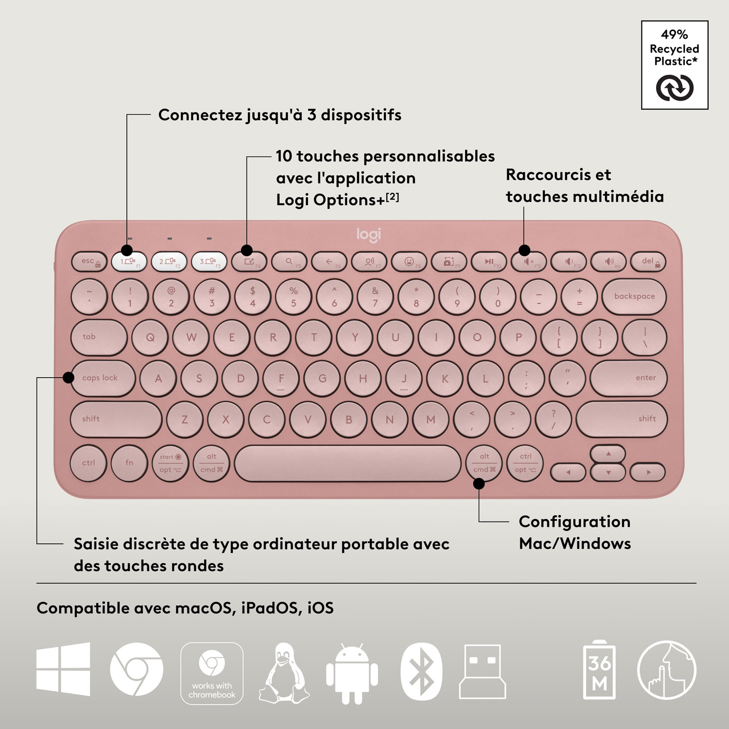 Ensemble avec souris optique et clavier ergonomique Bluetooth Pebble 2 de Logitech - Rose - Anglais
