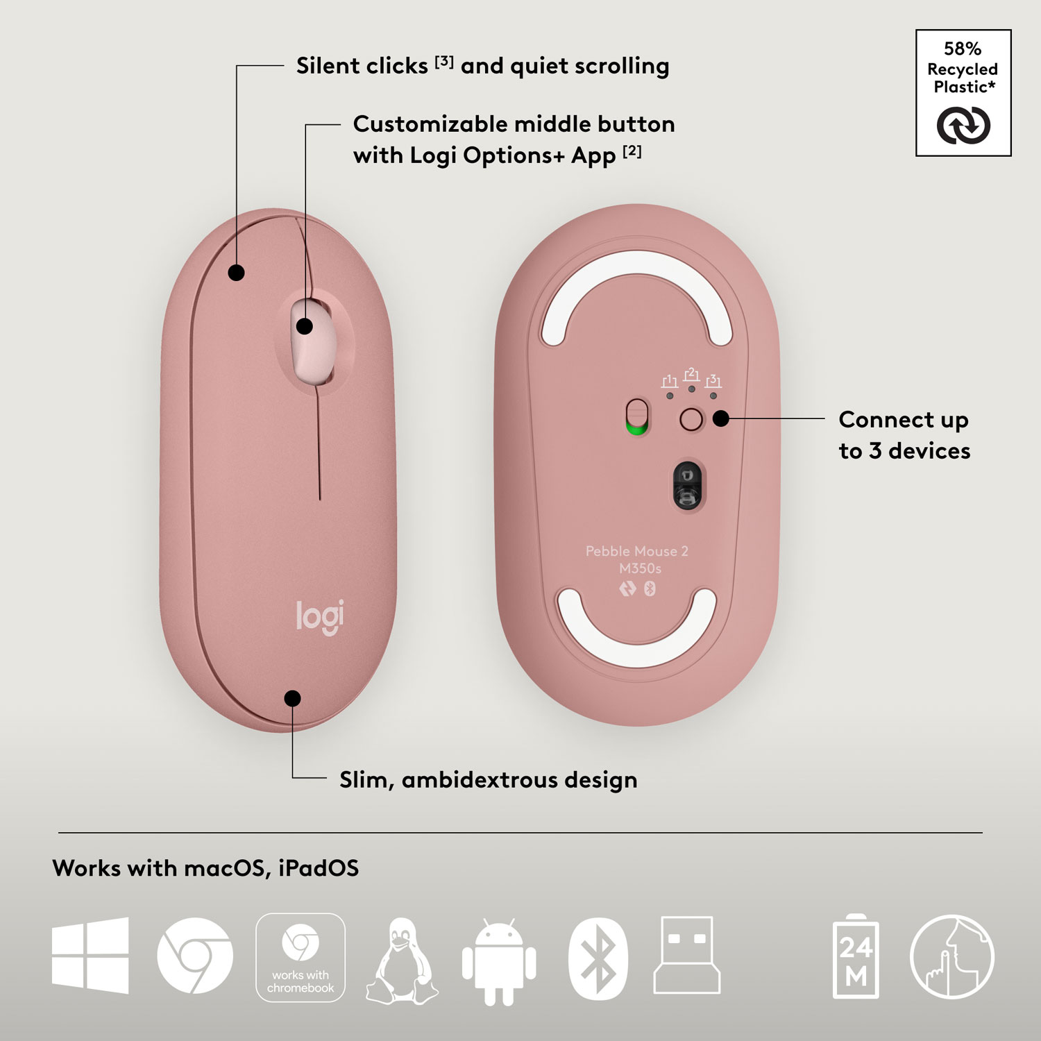 Ensemble avec souris optique et clavier ergonomique Bluetooth Pebble 2 de Logitech - Rose - Anglais