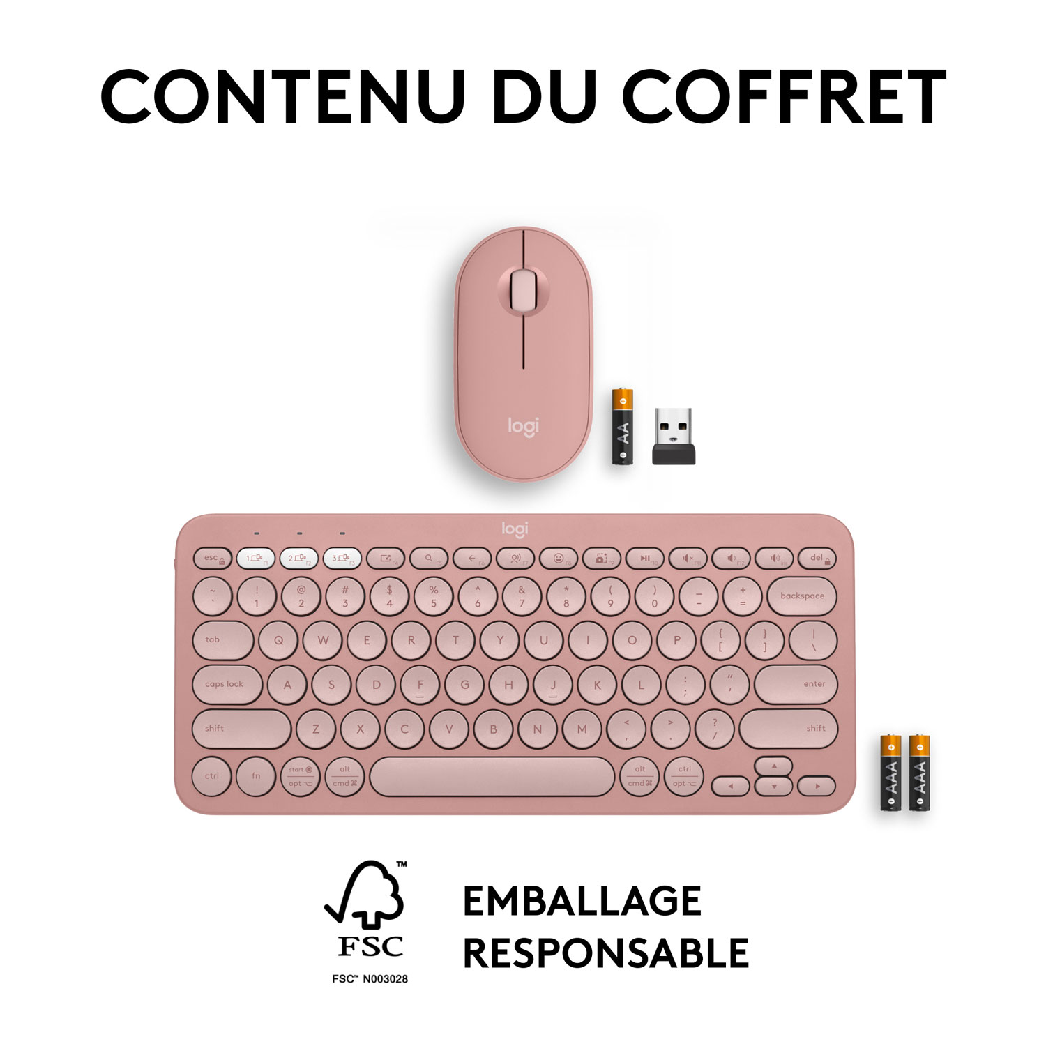 Ensemble avec souris optique et clavier ergonomique Bluetooth Pebble 2 de Logitech - Rose - Anglais