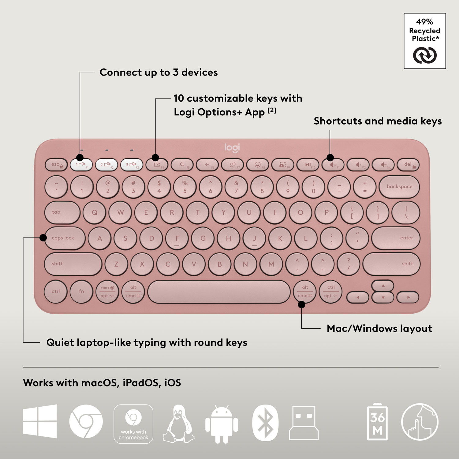 Ensemble avec souris optique et clavier ergonomique Bluetooth Pebble 2 de Logitech - Rose - Anglais