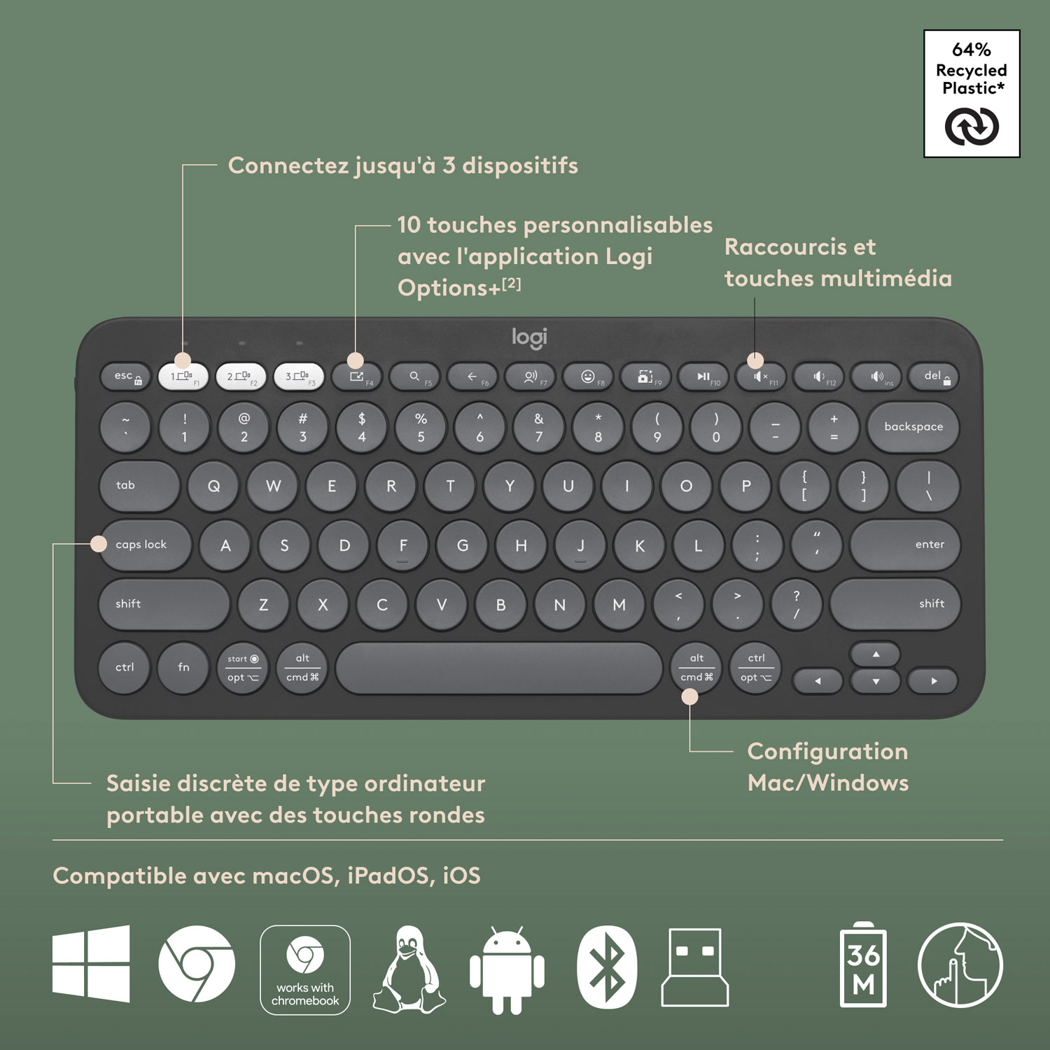 Ensemble avec souris optique et clavier ergonomique Bluetooth Pebble 2 de Logitech - Noir - Anglais