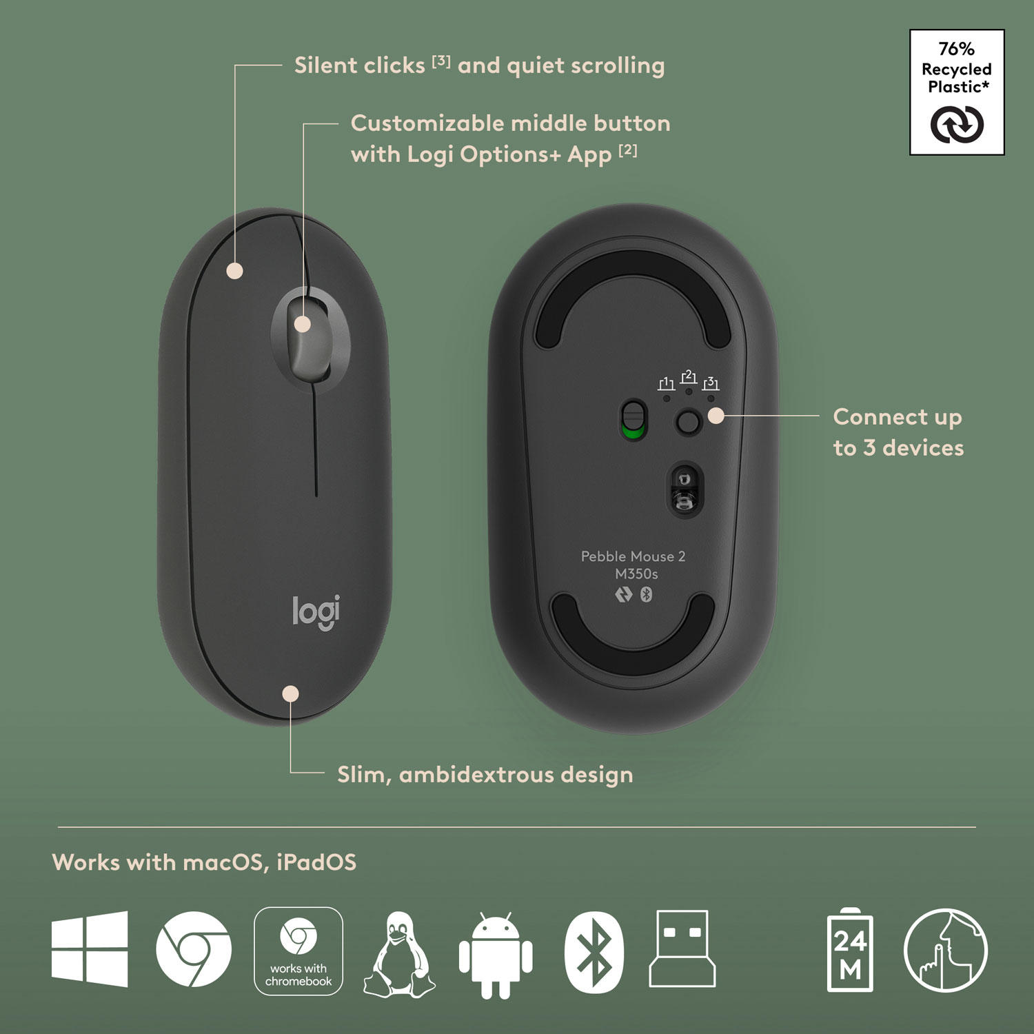 Ensemble avec souris optique et clavier ergonomique Bluetooth Pebble 2 de Logitech - Noir - Anglais