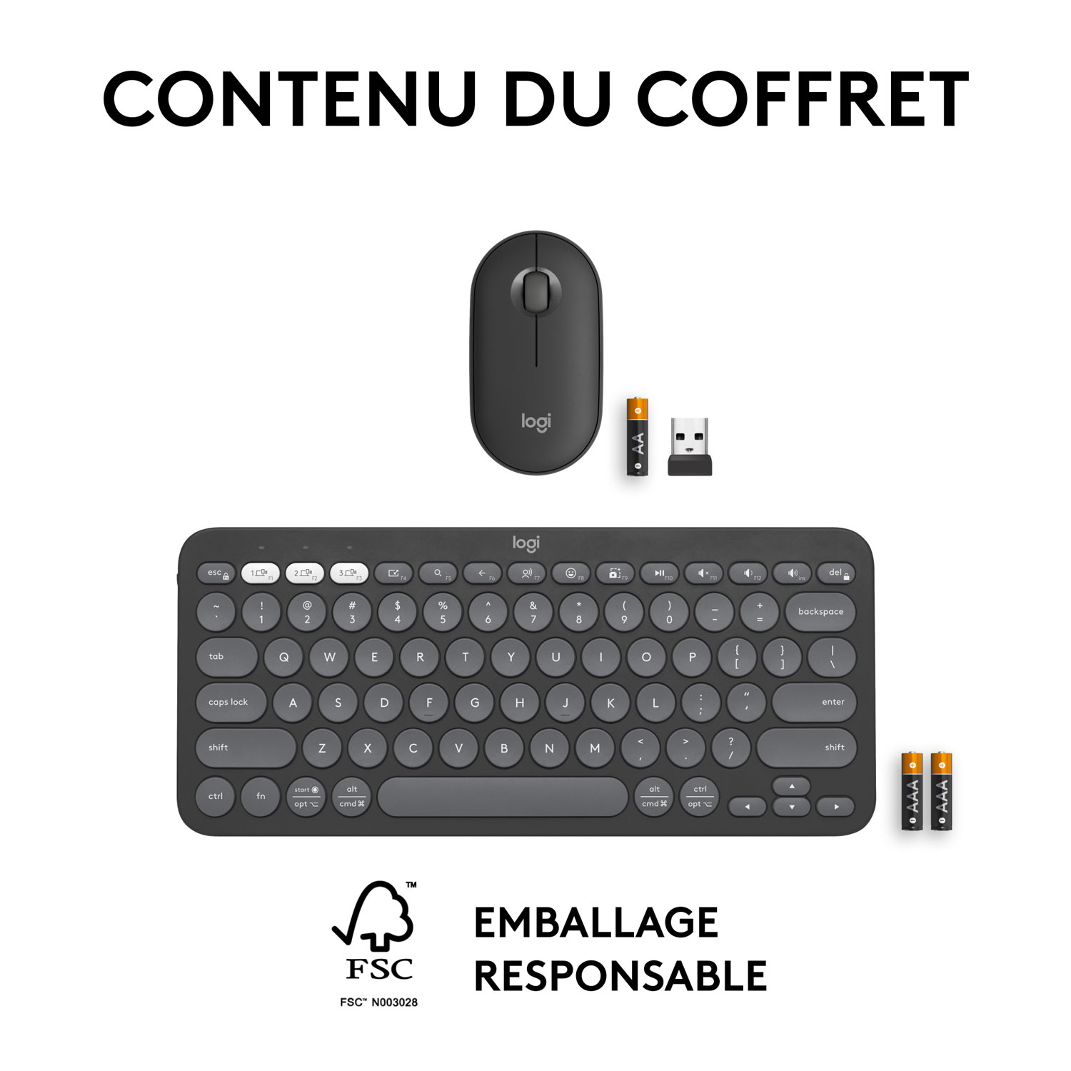 Ensemble avec souris optique et clavier ergonomique Bluetooth Pebble 2 de Logitech - Noir - Anglais