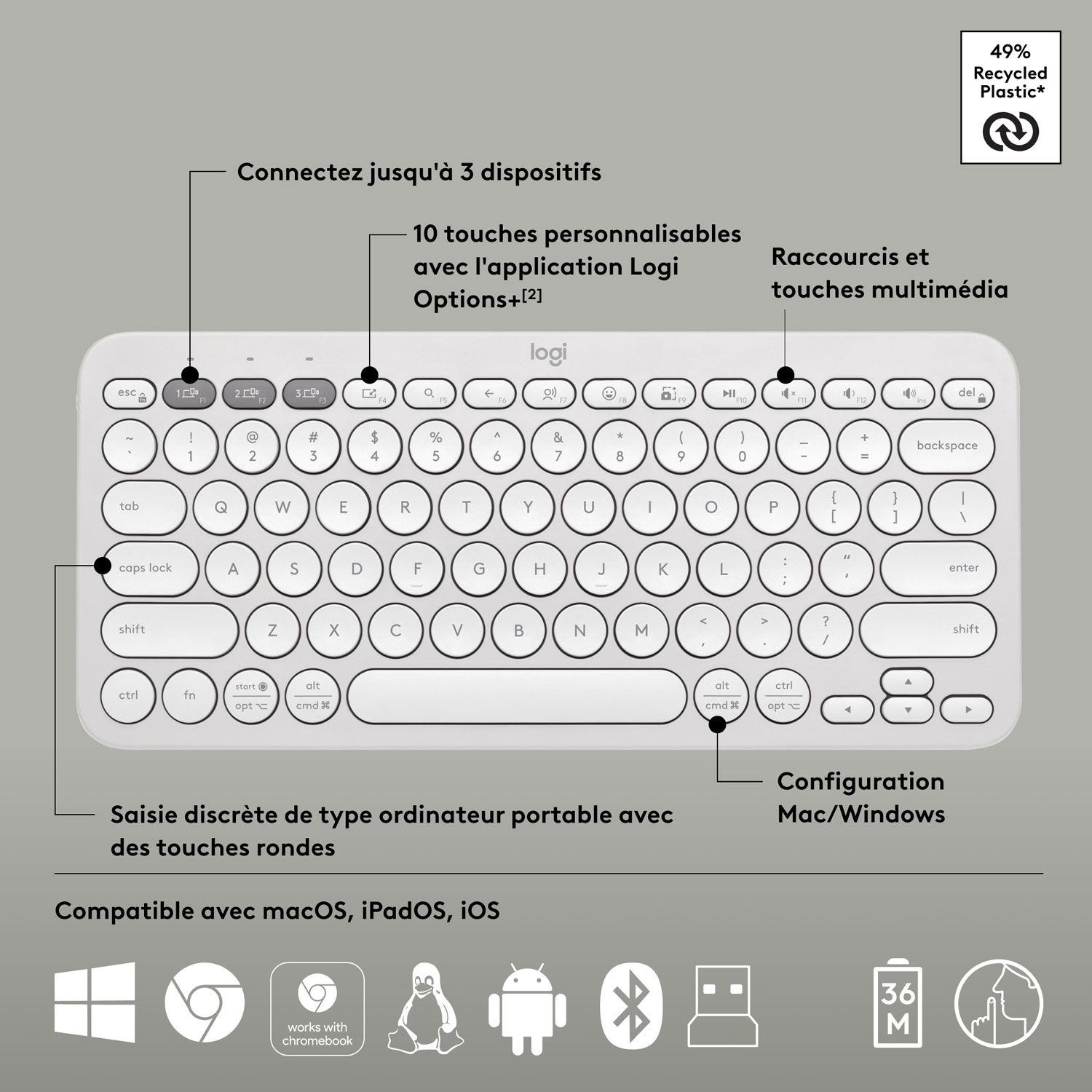 Ensemble avec souris optique et clavier ergonomique Bluetooth Pebble 2 de Logitech - Blanc - Anglais