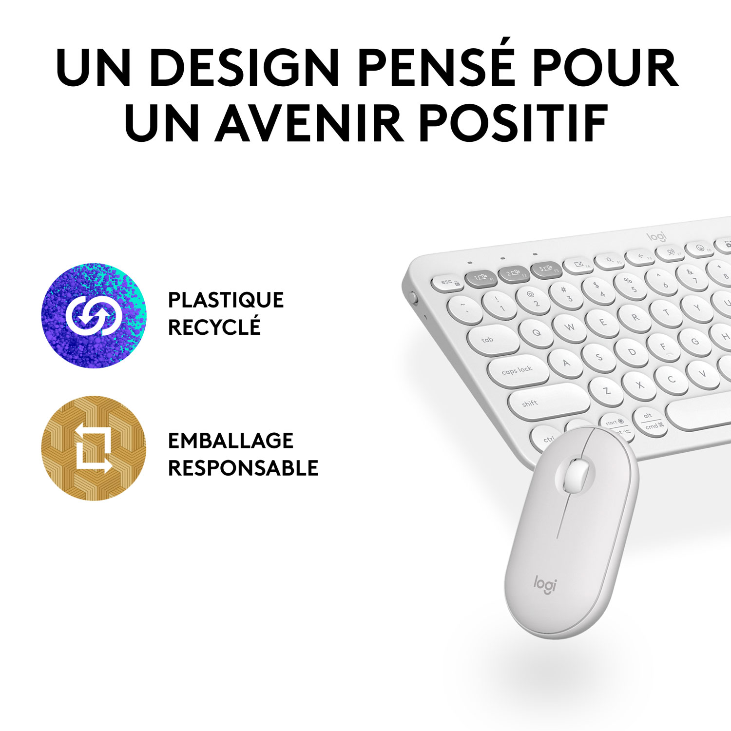 Ensemble avec souris optique et clavier ergonomique Bluetooth Pebble 2 de Logitech - Blanc - Anglais