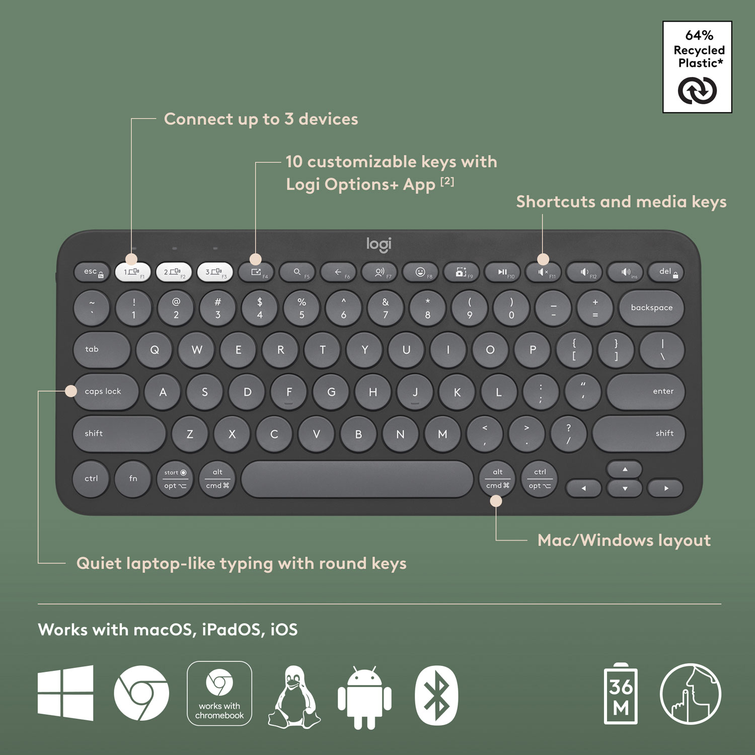Logitech K380s Wireless Slim TKL Keyboard with Customizable Shortcuts - Tonal Graphite