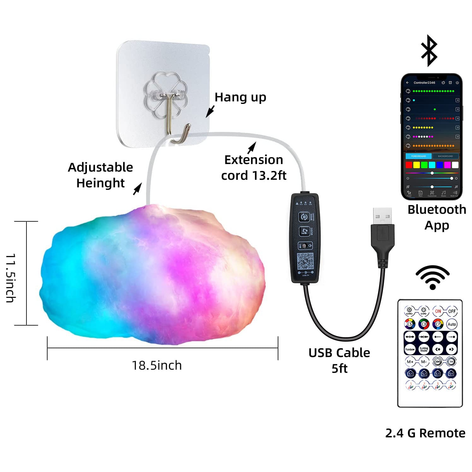 RGB Rainbow LED Cloud Light for Bedroom, Music Sync Floating Glow Cloud Lamp with RF Remote and App Control, Cloud LED Lights Decor for Kid Room,