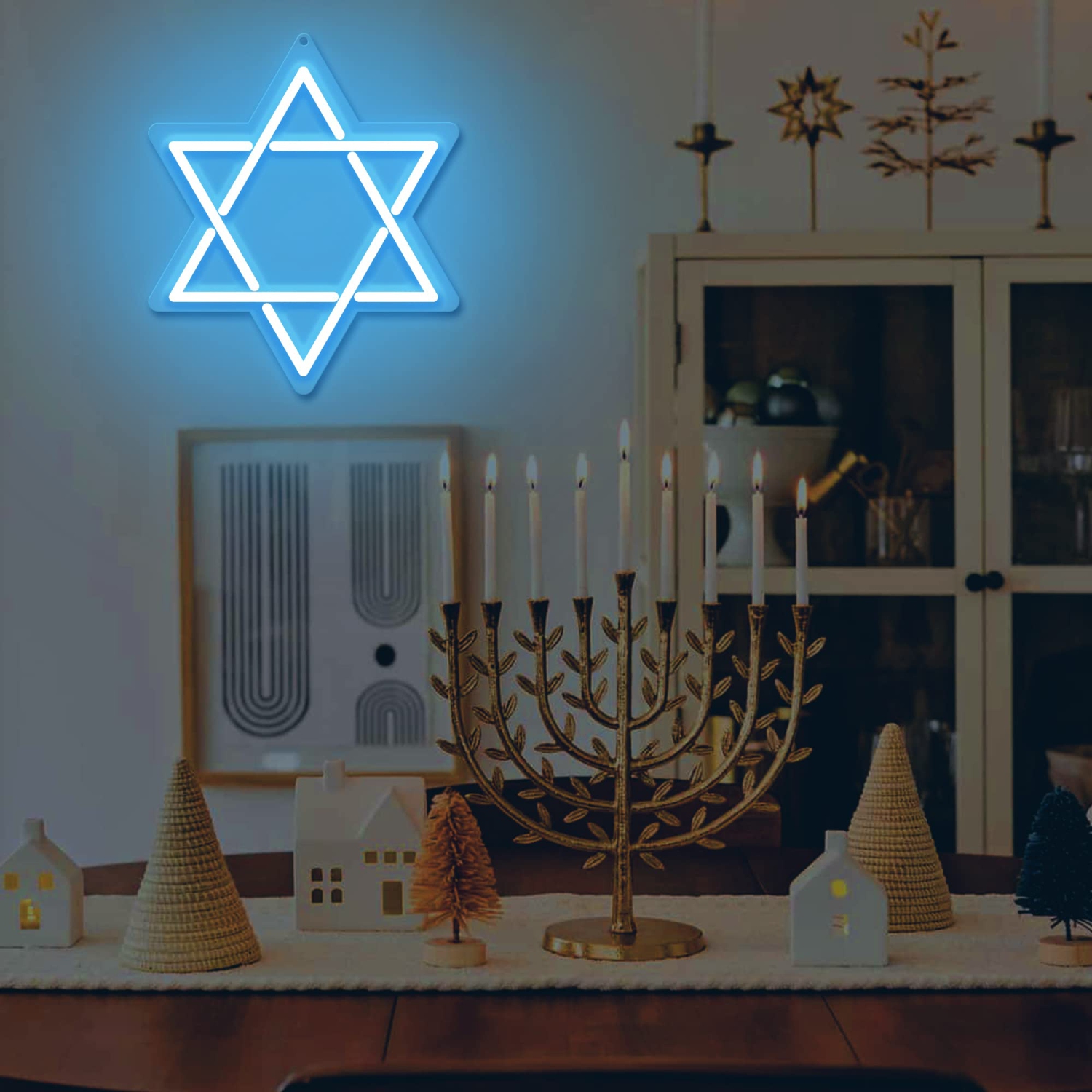 Star of David Neon Sign, Hanukkah Decorations Blue Six Pointed Star Shape Light up Acrylic with USB Powered, LED Neon Light Wall Decor for Jews