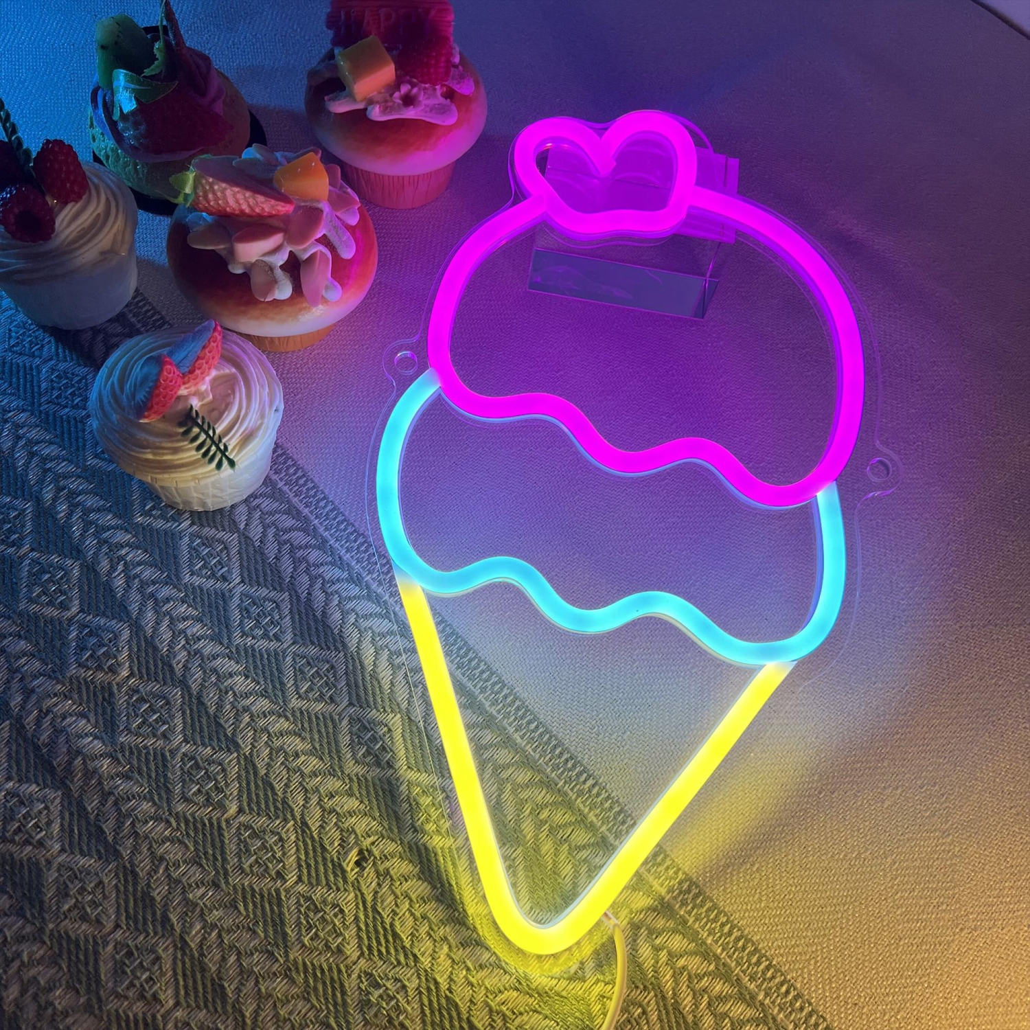Ice Cream Neon Sign, Light up Acrylic LED Lamp with USB Powered, Pink Bule Yellow Cone Lights, Wall Decor for Girl Kids Home Bedroom Shop Party