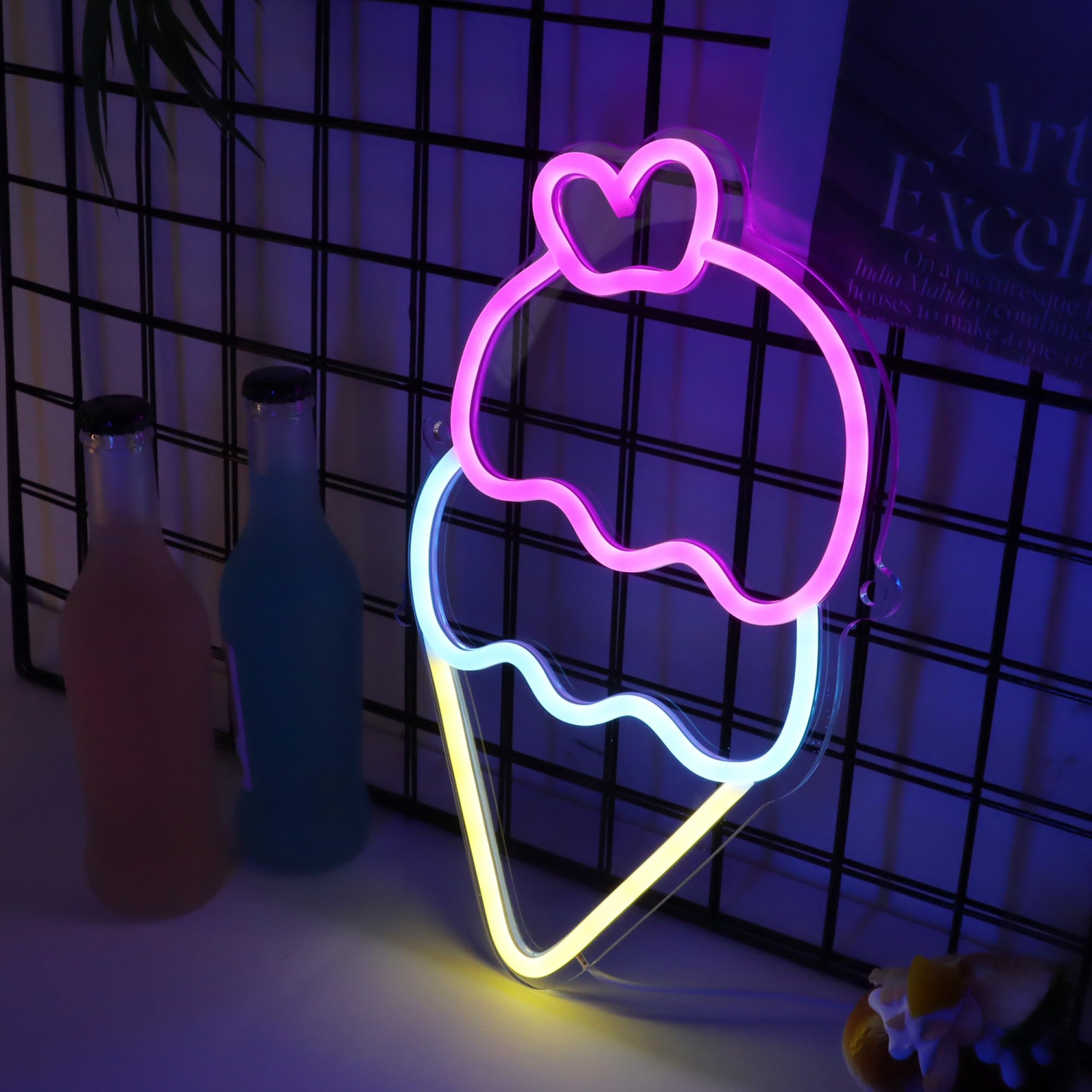 Ice Cream Neon Sign, Light up Acrylic LED Lamp with USB Powered, Pink Bule Yellow Cone Lights, Wall Decor for Girl Kids Home Bedroom Shop Party