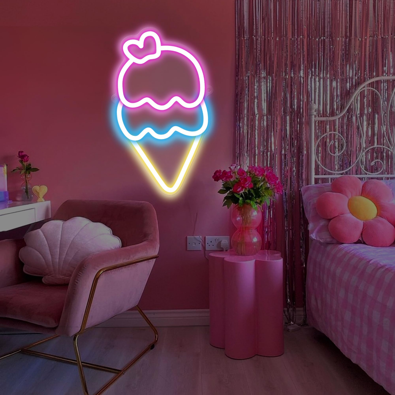 Ice Cream Neon Sign, Light up Acrylic LED Lamp with USB Powered, Pink Bule Yellow Cone Lights, Wall Decor for Girl Kids Home Bedroom Shop Party