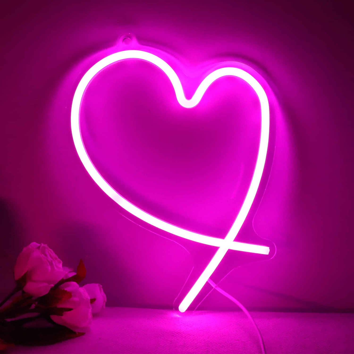 Affiche néon à queue de cœur rose, lampe DEL à alimentation USB, lampe de table et de décoration murale et maison, cadeaux créatifs pour fille femme