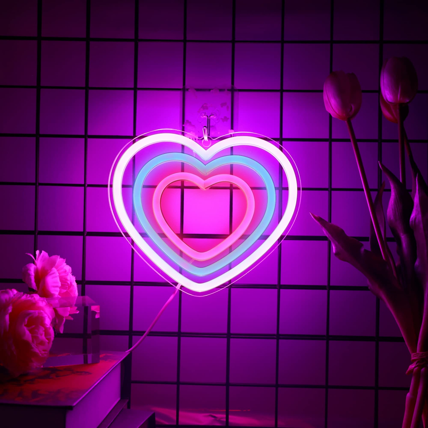 Heart Acrylic Neon Sign, Blue Pink LED Art Lamp with USB Powered, Love Shaped Colorful Neon Light for Girl's Room, Party, Lover, Valentine's Day,