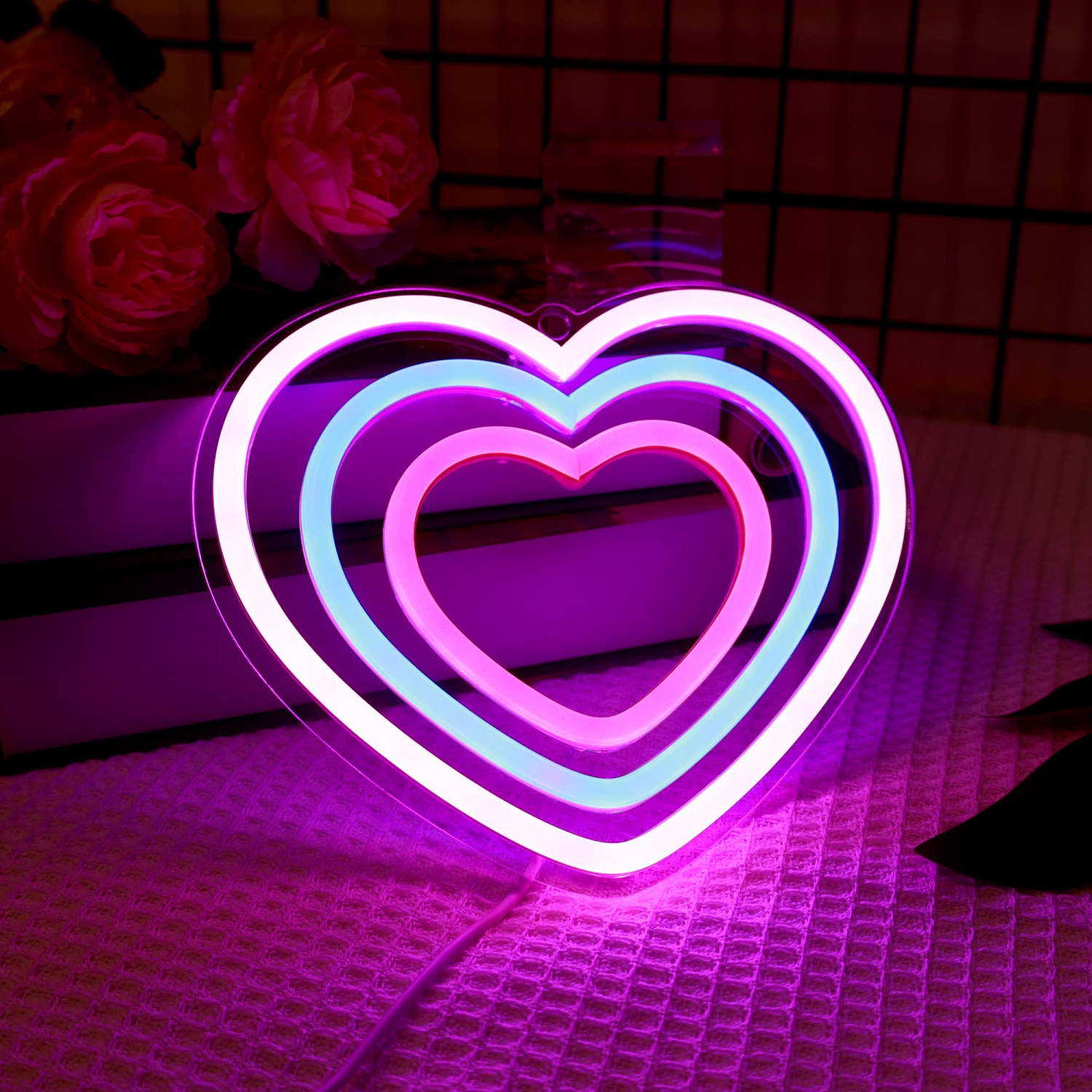 Heart Acrylic Neon Sign, Blue Pink LED Art Lamp with USB Powered, Love Shaped Colorful Neon Light for Girl's Room, Party, Lover, Valentine's Day,