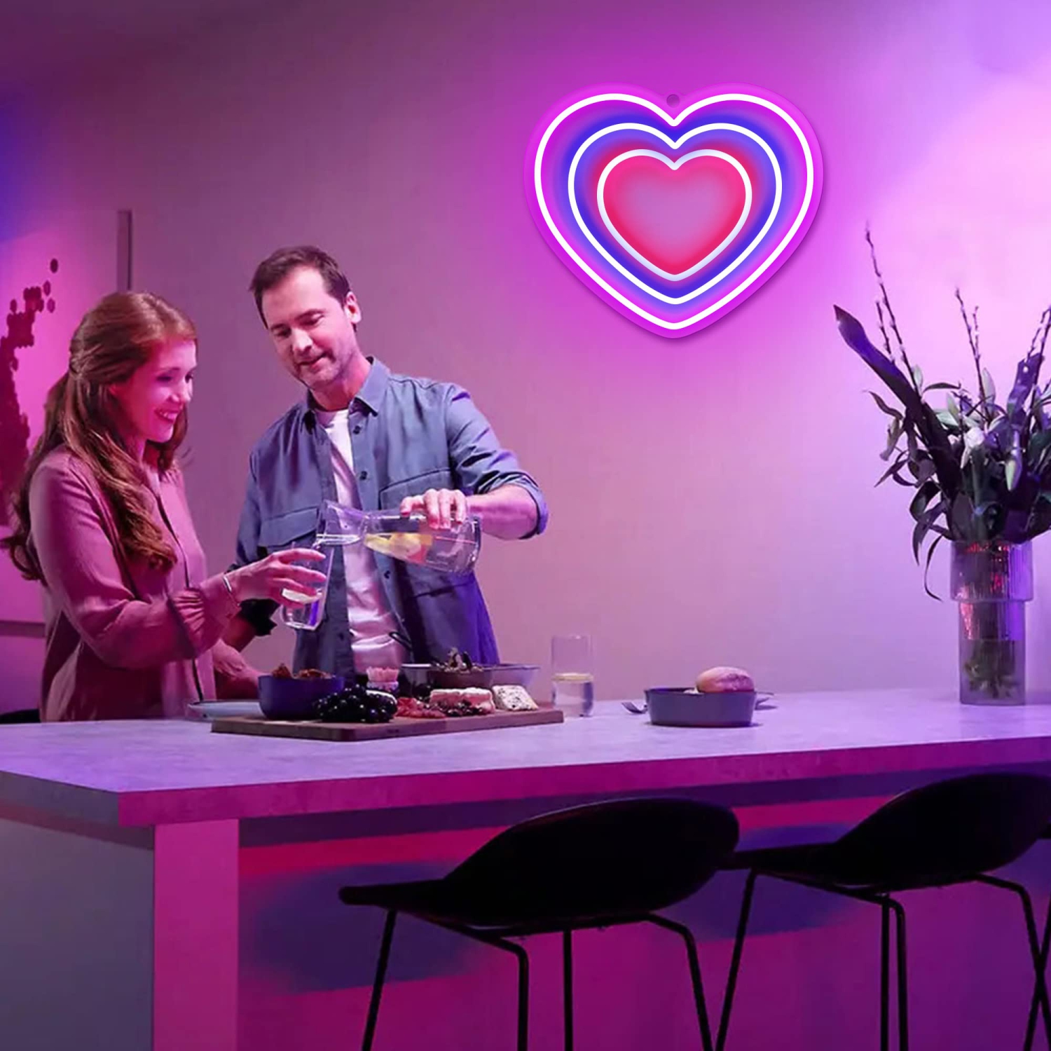 Heart Acrylic Neon Sign, Blue Pink LED Art Lamp with USB Powered, Love Shaped Colorful Neon Light for Girl's Room, Party, Lover, Valentine's Day,