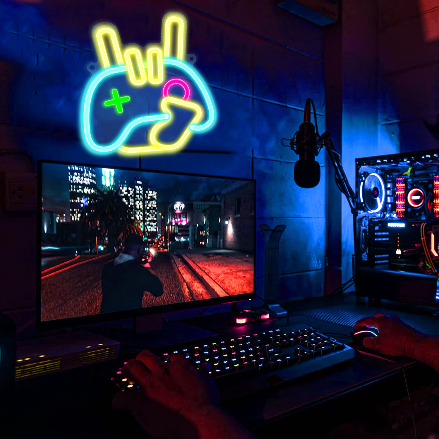 Light up Game Rock Hand Shaped Neon Signs, Acrylic Neon Lights with USB Powered, LED Wall Decor for Teen Boys Gaming Room Birthday Party Gifts