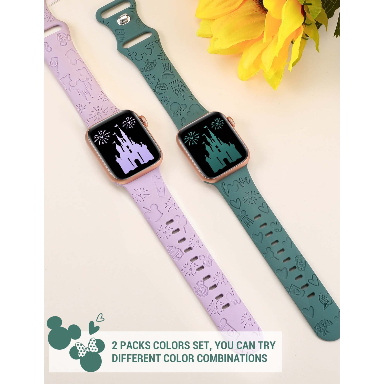 2 Packs Cartoon Engraved Bands Compatible with Apple Watch Bands 41mm 40mm 38mm Women, Cute Anime Designer Soft Silicone Strap for iWatch Series