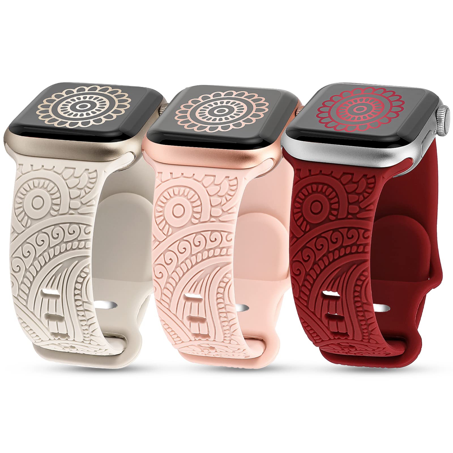 3 Packs Compatible with Apple Watch Band 38mm 40mm 41mm Women Men Silicone Laser Engraved Flower Pattern Bracelet Sport Straps for iWatch Series 8 7