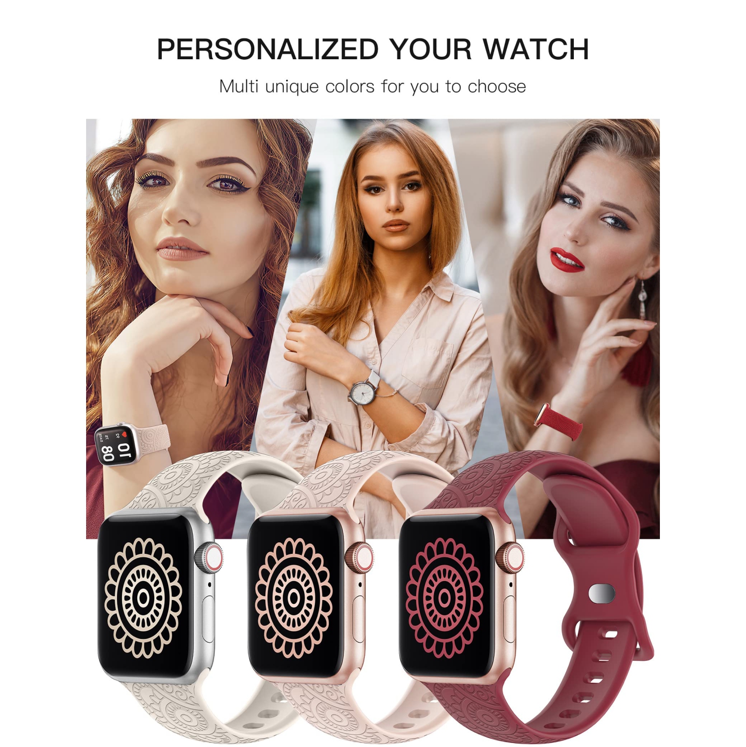 3 Packs Compatible with Apple Watch Band 38mm 40mm 41mm Women Men Silicone Laser Engraved Flower Pattern Bracelet Sport Straps for iWatch Series 8 7