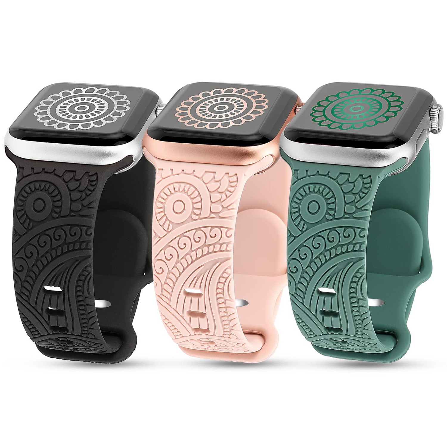 3 Packs Compatible with Apple Watch Band 38mm 40mm 41mm Women Men Soft Silicone Laser Engraved Flower Pattern Bracelet Sport Strap for iWatch Series