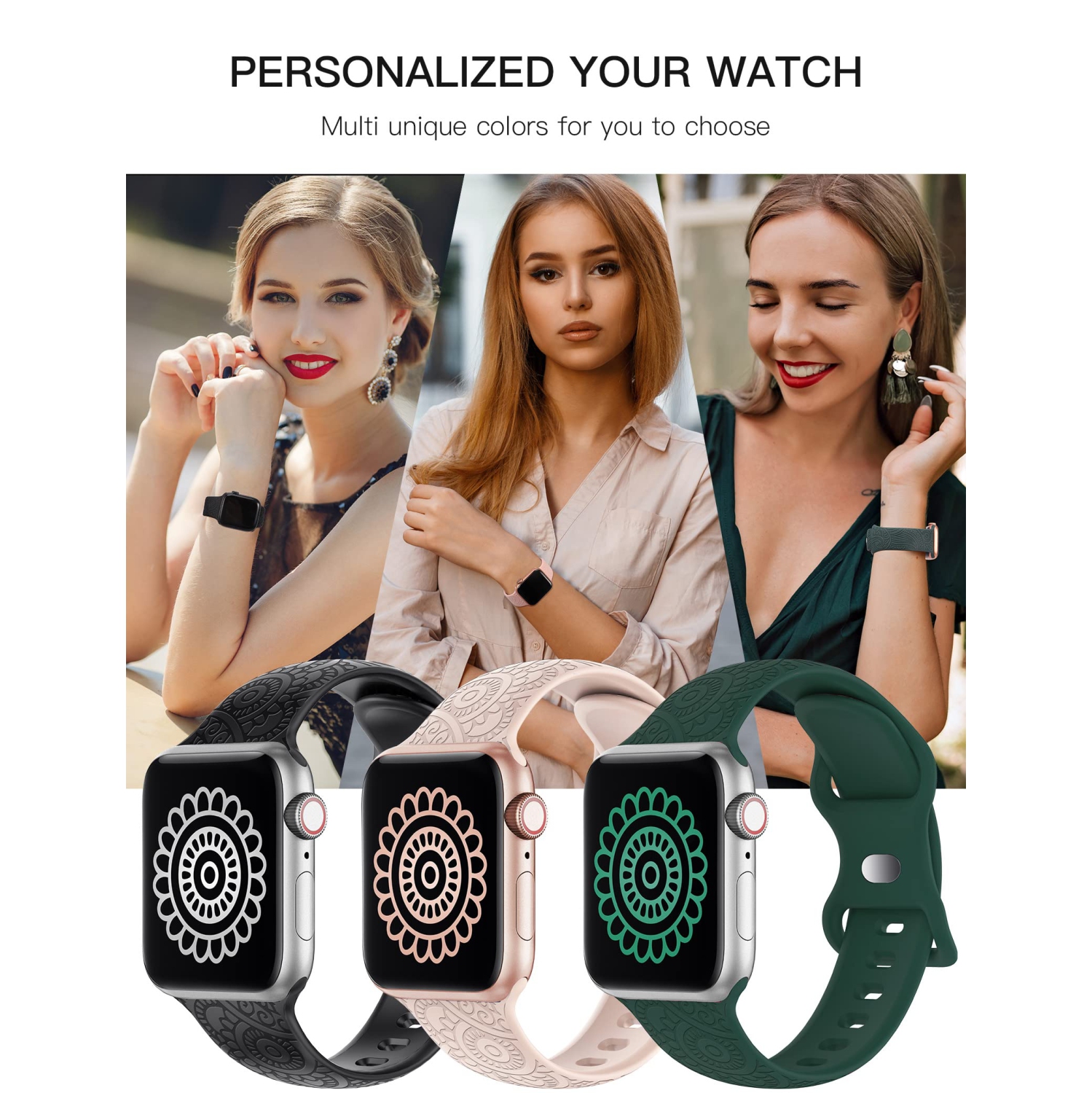 3 Packs Compatible with Apple Watch Band 38mm 40mm 41mm Women Men Soft Silicone Laser Engraved Flower Pattern Bracelet Sport Strap for iWatch Series