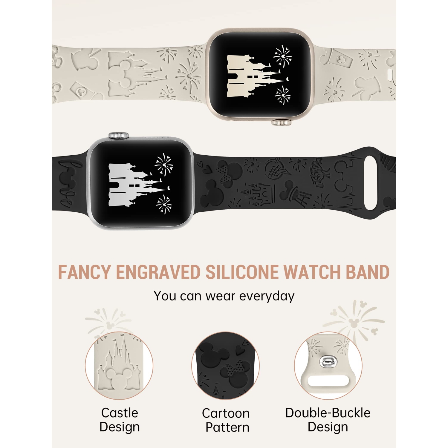 2 Packs Cartoon Engraved Bands Compatible with Apple Watch Bands 49mm 45mm 44mm 42mm Women, Cute Designer Soft Silicone Strap for iWatch Series