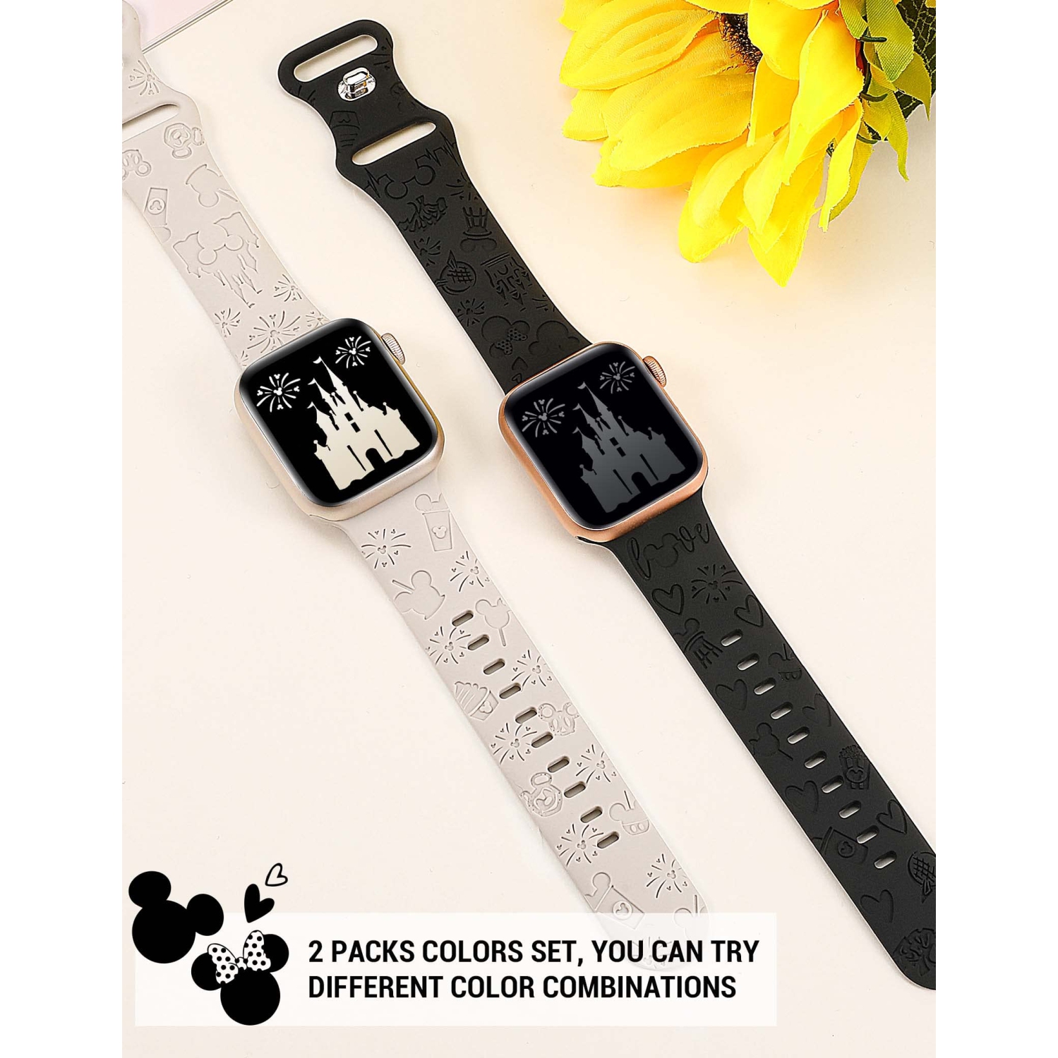 2 Packs Cartoon Engraved Bands Compatible with Apple Watch Bands 49mm 45mm 44mm 42mm Women, Cute Designer Soft Silicone Strap for iWatch Series