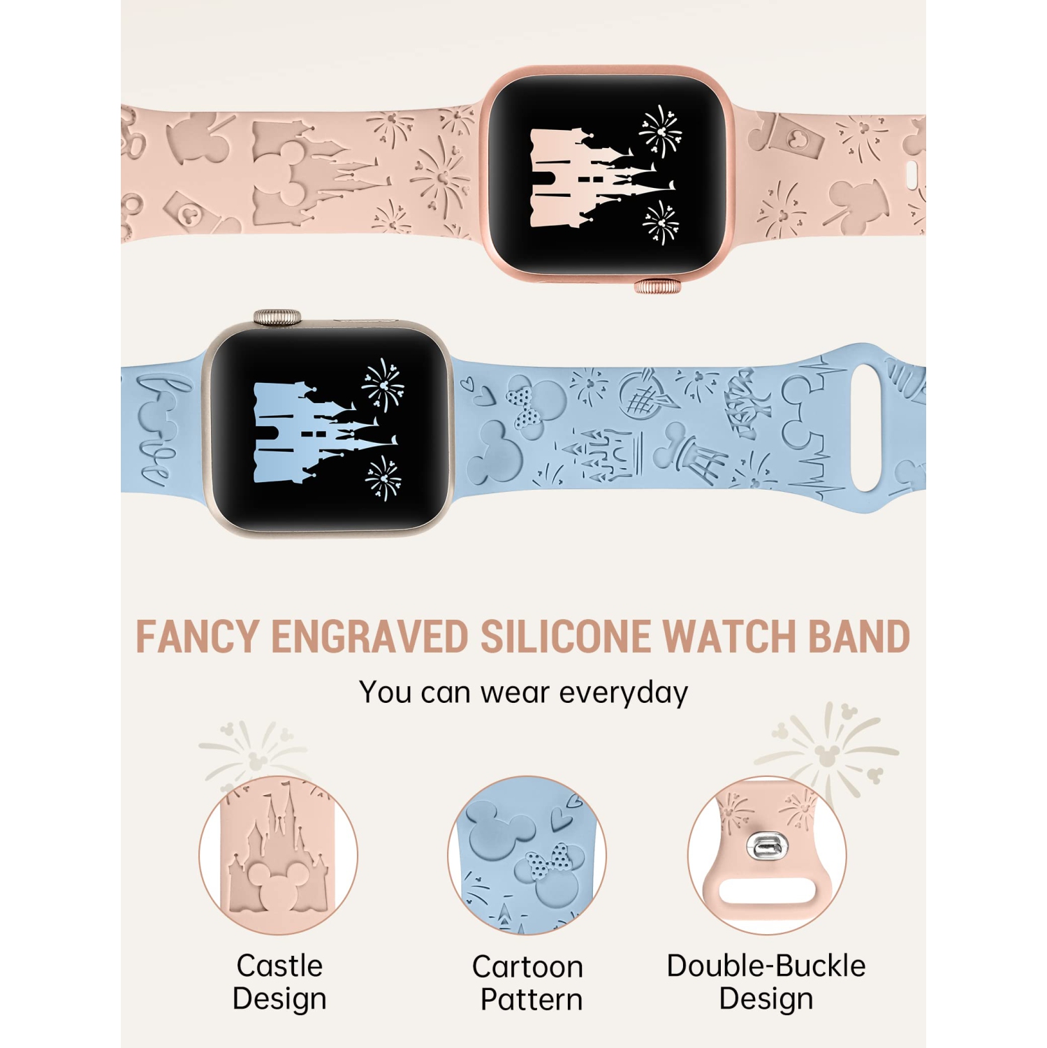 2 Packs Cartoon Engraved Bands Compatible with Apple Watch Bands 49mm 45mm 44mm 42mm Women, Cute Designer Soft Silicone Strap for iWatch Series
