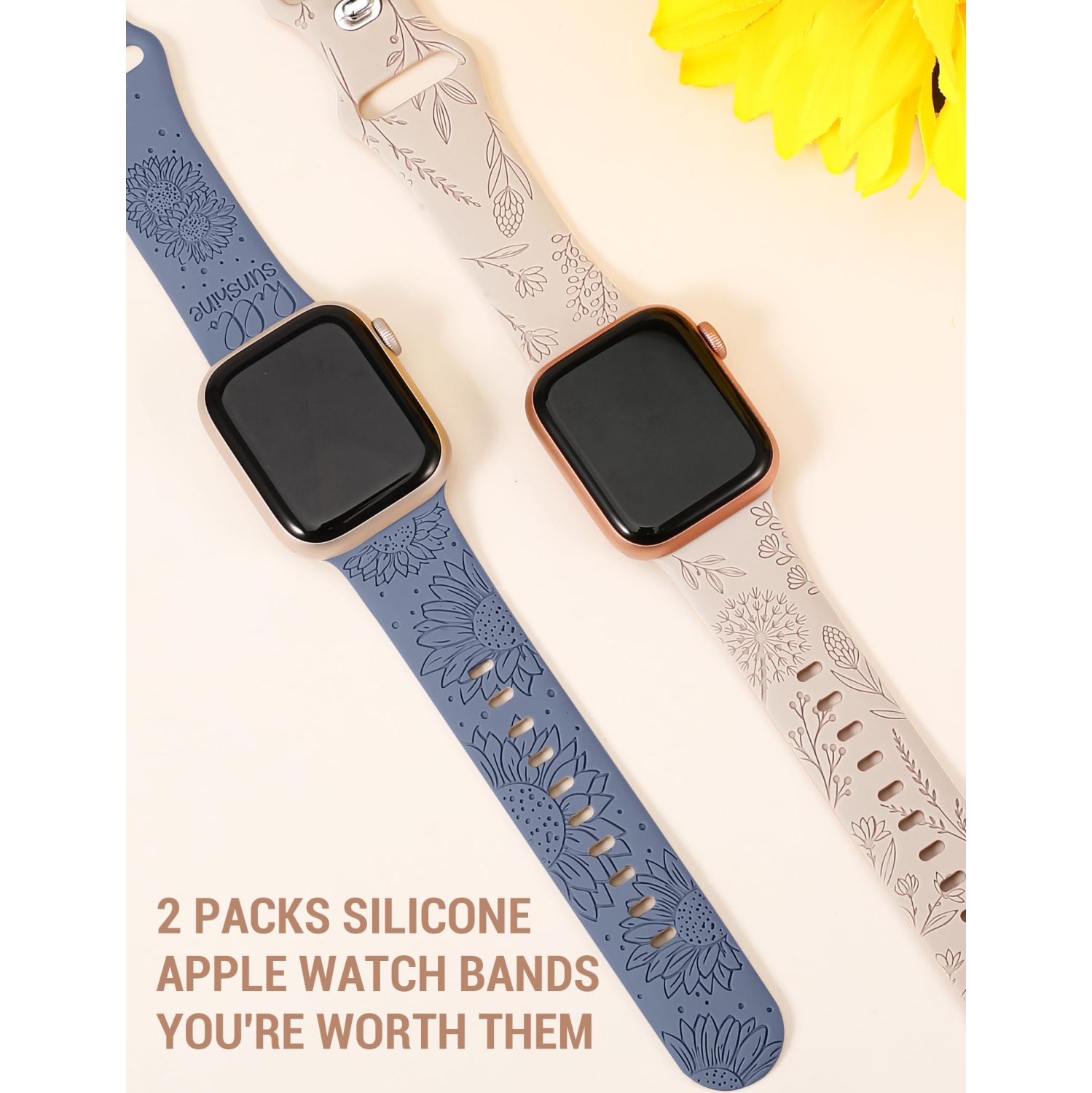 2 Packs Compatible with Apple Watch Band 41mm 40mm 38mm Women Girls Silicone Dressy Floral Engraved Strap Sunflower Wildflower Sport Bracelet for