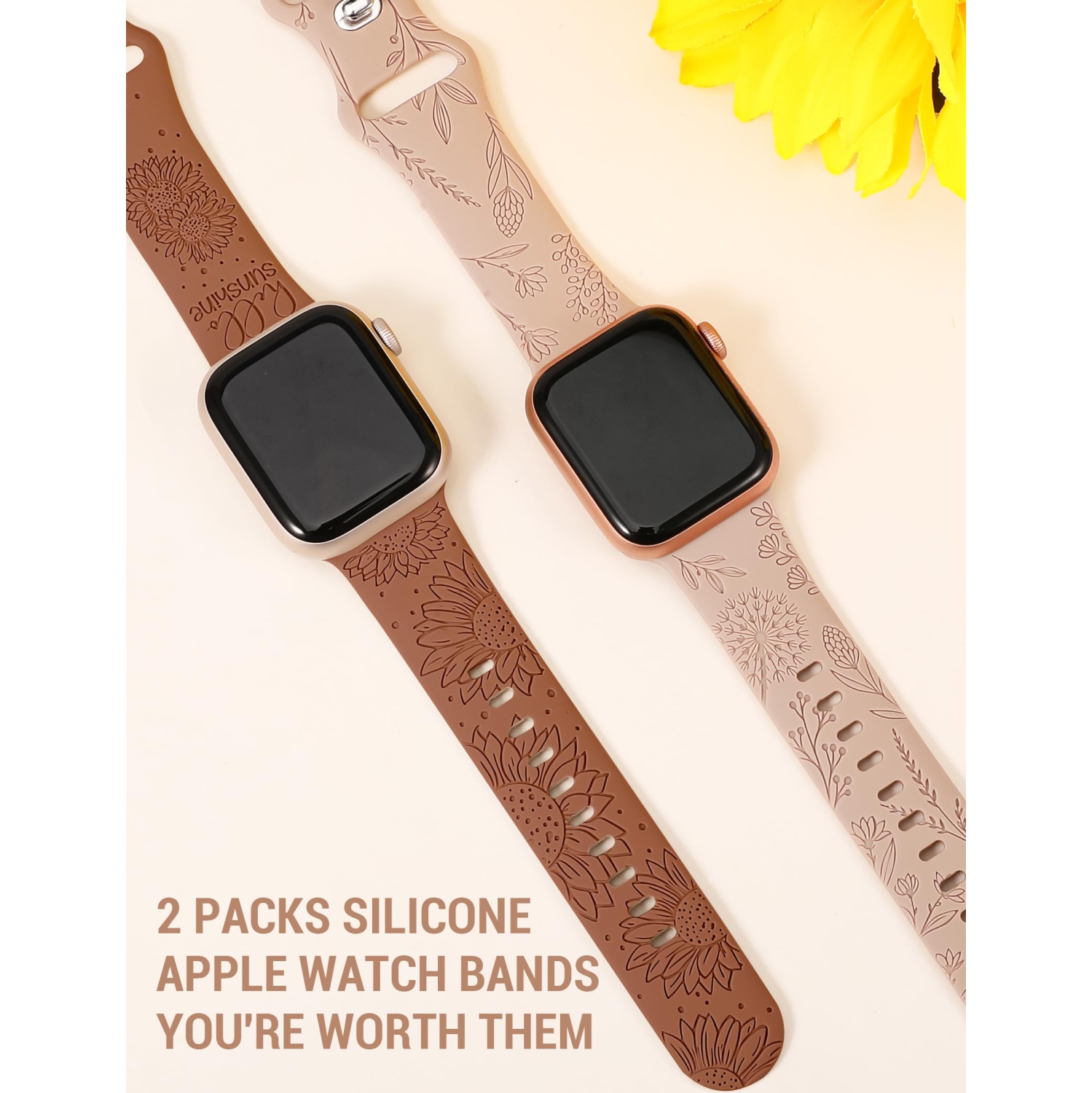 2 Packs Compatible with Apple Watch Band 41mm 40mm 38mm Women Girls Silicone Dressy Floral Engraved Strap Sunflower Wildflower Sport Bracelet for