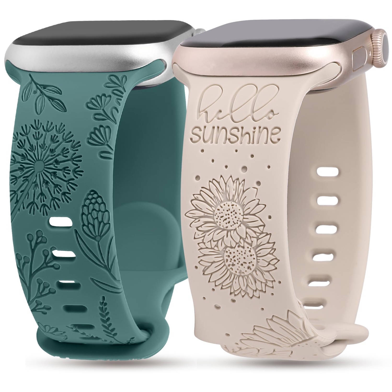 2 Packs Compatible with Apple Watch Band 41mm 40mm 38mm Women Girls Silicone Dressy Floral Engraved Strap Sunflower Wildflower Sport Bracelet for