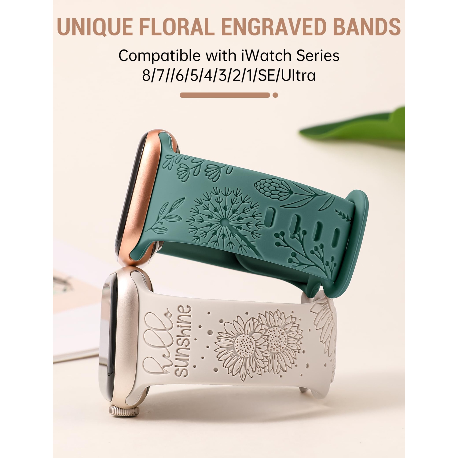 2 Packs Compatible with Apple Watch Band 41mm 40mm 38mm Women Girls Silicone Dressy Floral Engraved Strap Sunflower Wildflower Sport Bracelet for