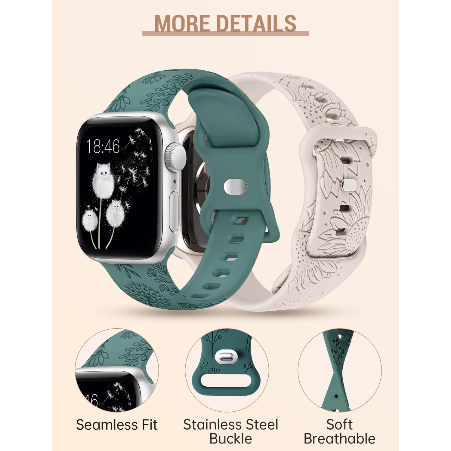 2 Packs Compatible with Apple Watch Band 41mm 40mm 38mm Women Girls Silicone Dressy Floral Engraved Strap Sunflower Wildflower Sport Bracelet for