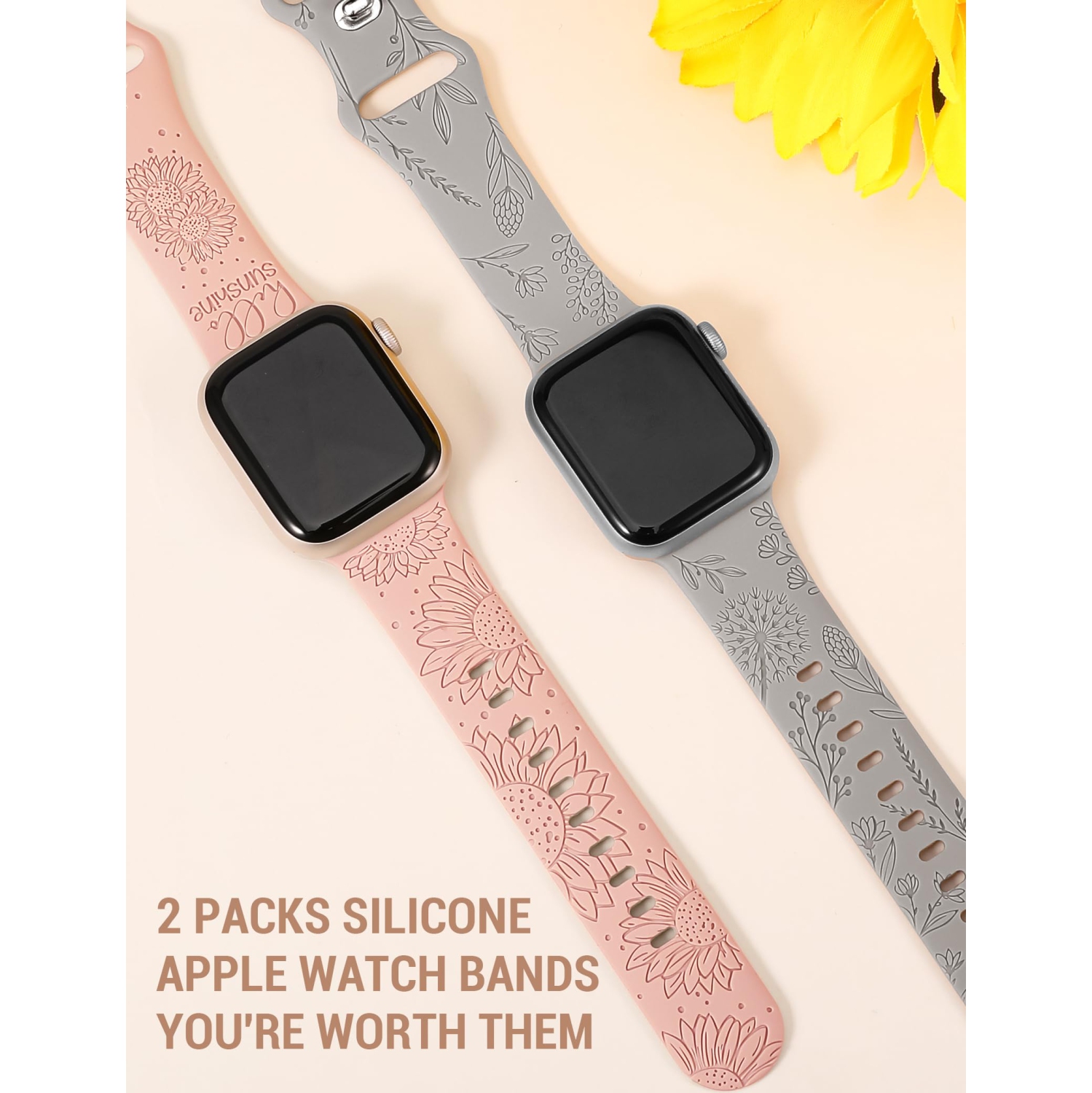 2 Packs Compatible with Apple Watch Band 41mm 40mm 38mm Women Girls Silicone Dressy Floral Engraved Strap Sunflower Wildflower Sport Bracelet for