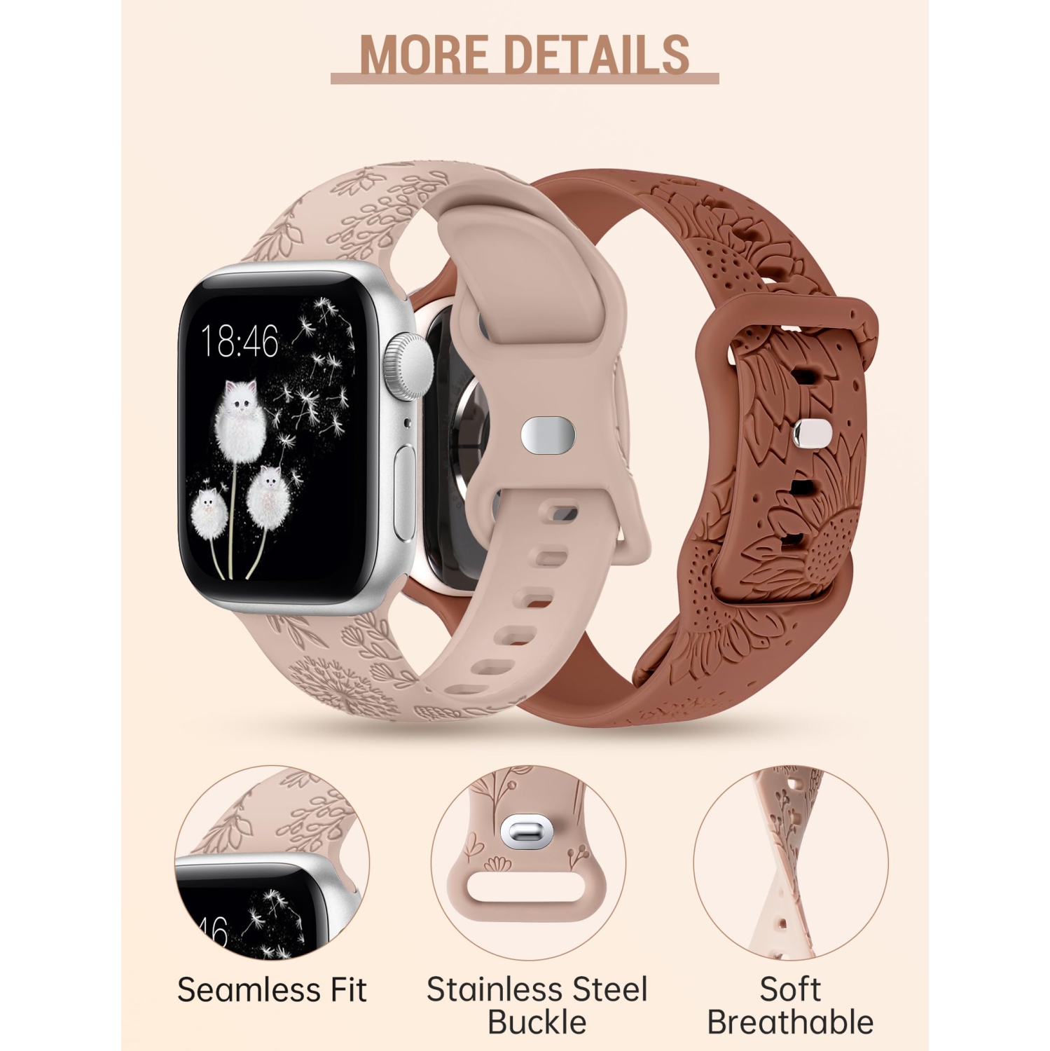 2 Packs Compatible with Apple Watch Band 42mm 44mm 45mm 49mm Women Girls Silicone Dressy Sunflower Floral Engraved Strap Sport Bracelet for iWatch