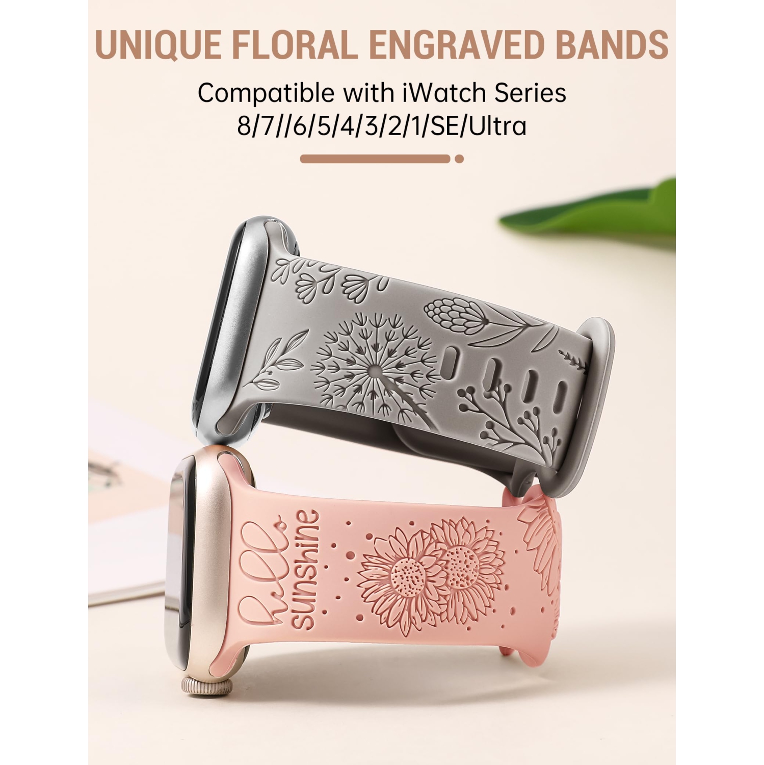 2 Packs Compatible with Apple Watch Band 42mm 44mm 45mm 49mm Women Girls Silicone Dressy Sunflower Floral Engraved Strap Sport Bracelet for iWatch