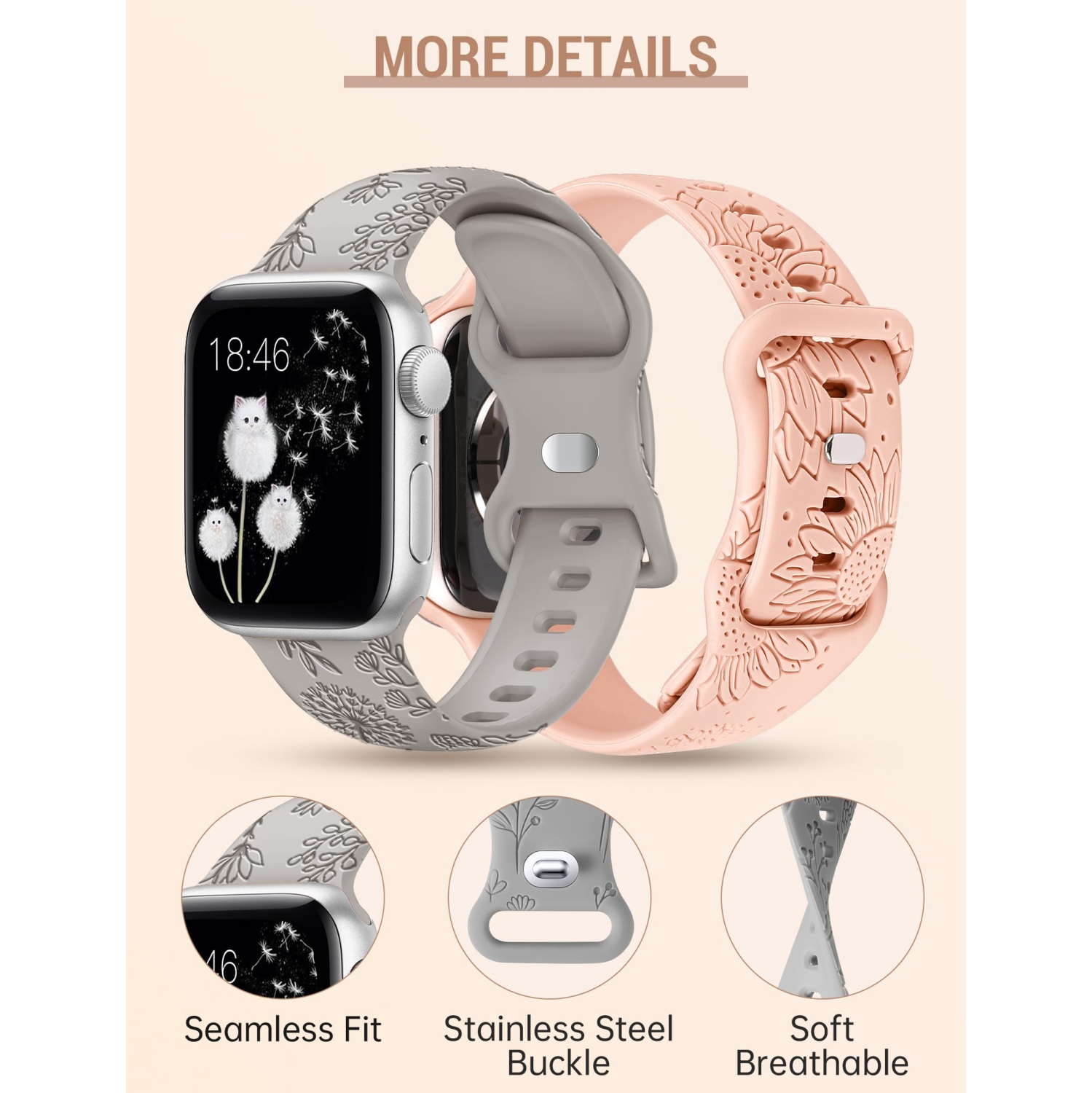 2 Packs Compatible with Apple Watch Band 42mm 44mm 45mm 49mm Women Girls Silicone Dressy Sunflower Floral Engraved Strap Sport Bracelet for iWatch
