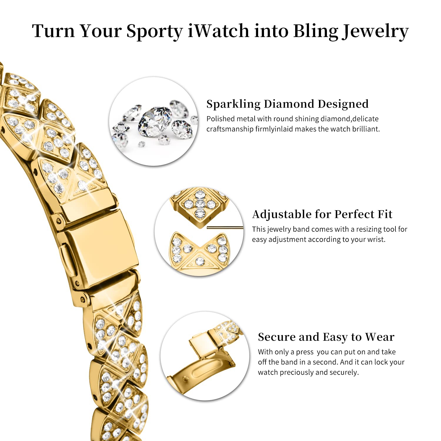 Apple Watch Band 44mm with Case Women,Jewelry Bling Metal Straps Bracelet for Apple Watch Bands Series 8 SE 7 6 5 4 3 2 1(44mm Gold)