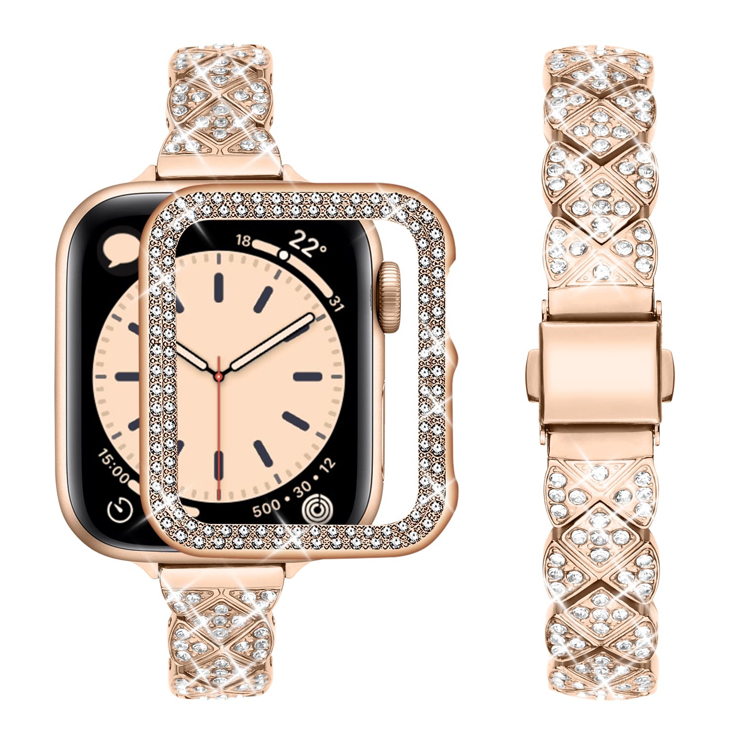 Apple Watch Band 44mm with Case Women,Jewelry Bling Metal Straps Bracelet for Apple Watch Bands Series 8 SE 7 6 5 4 3 2 1(44mm Rose Gold)