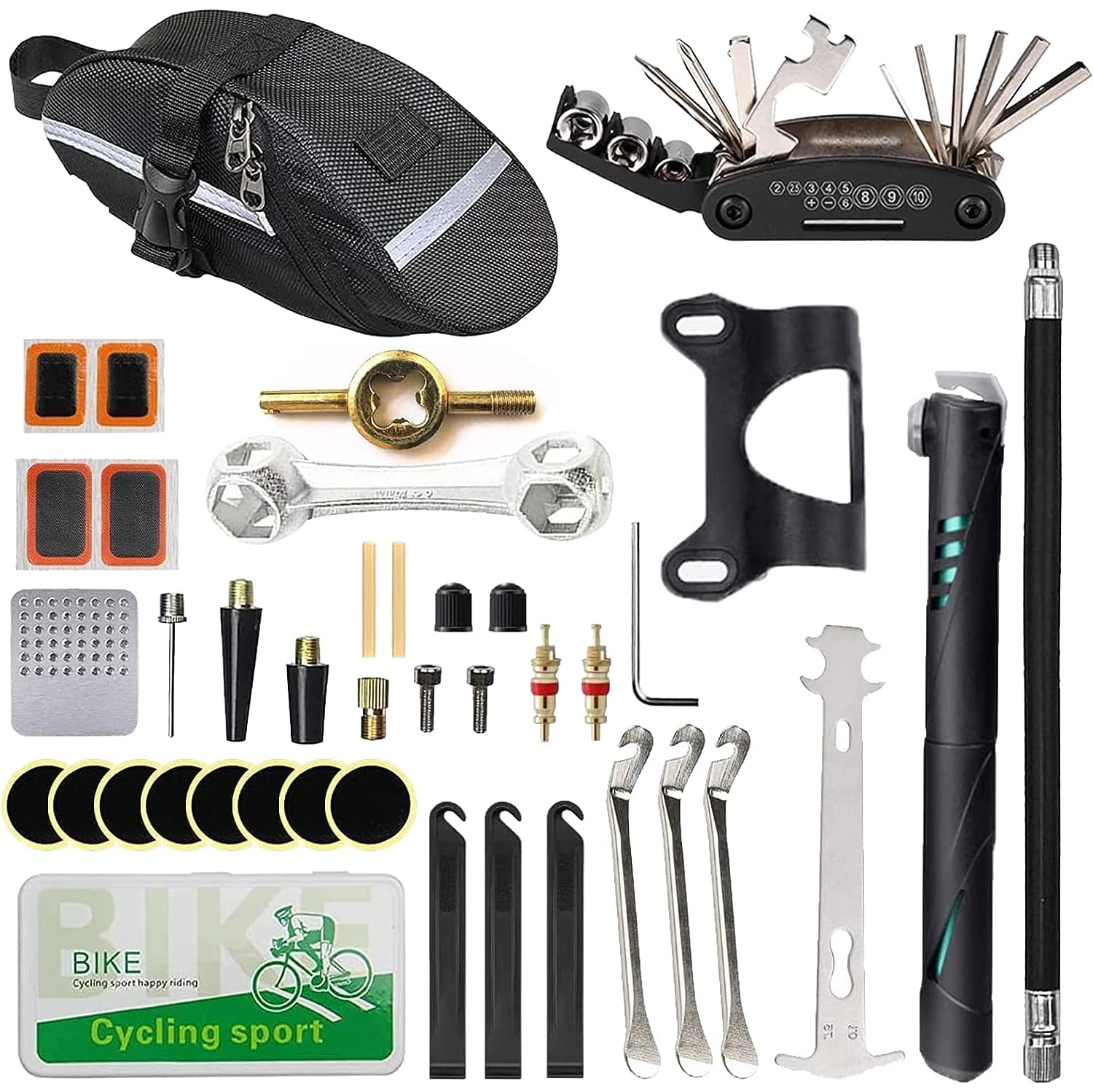 Bike Repair Kit, Home Bike Portable Patches Fixes Tool with Bicycle Repair Bag & Bicycle Tire Pump for Mountain Bike and Road Bike Camping Travel