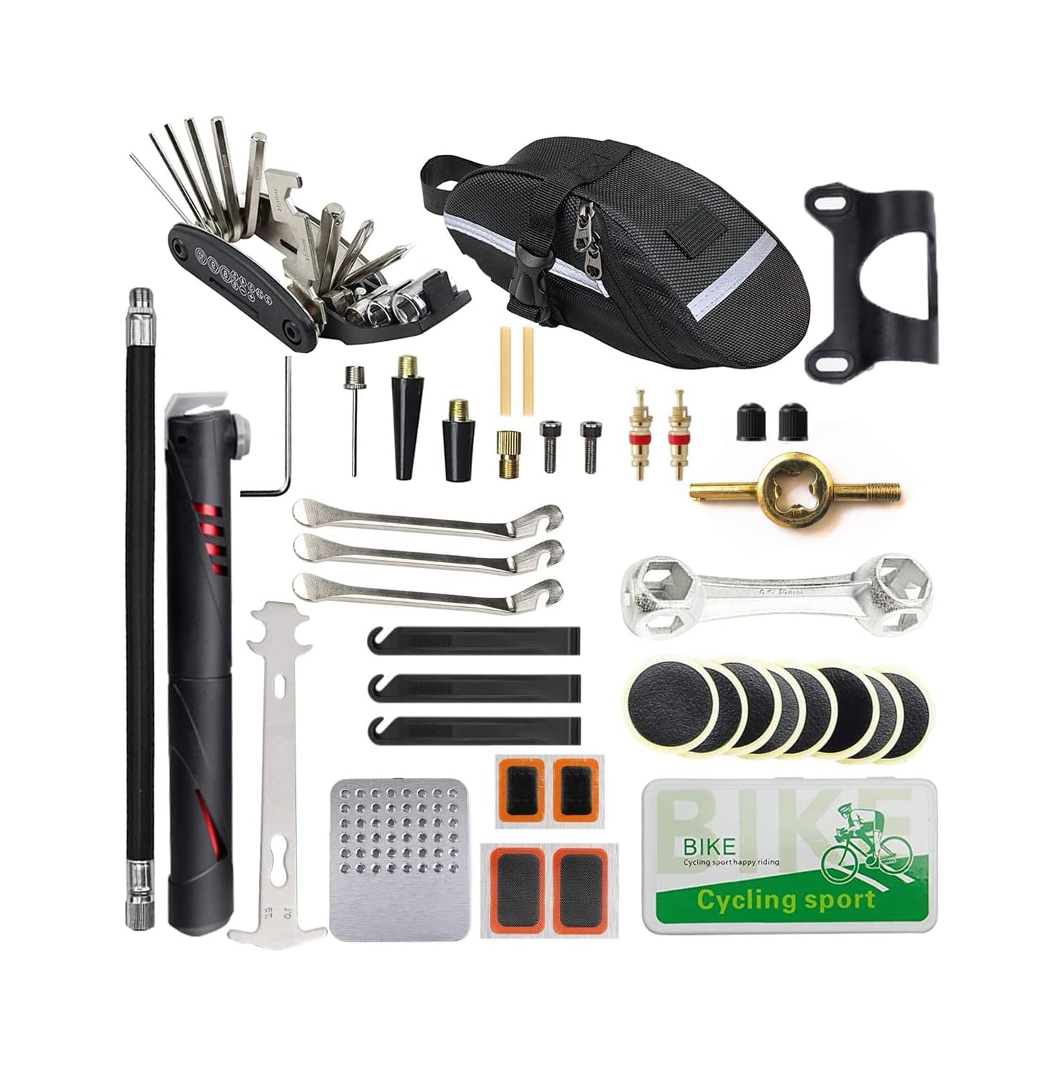 Bike Repair Kit, Home Bike Portable Patches Fixes Tool with Bicycle Repair Bag & Bicycle Tire Pump for Mountain Bike and Road Bike Camping Travel